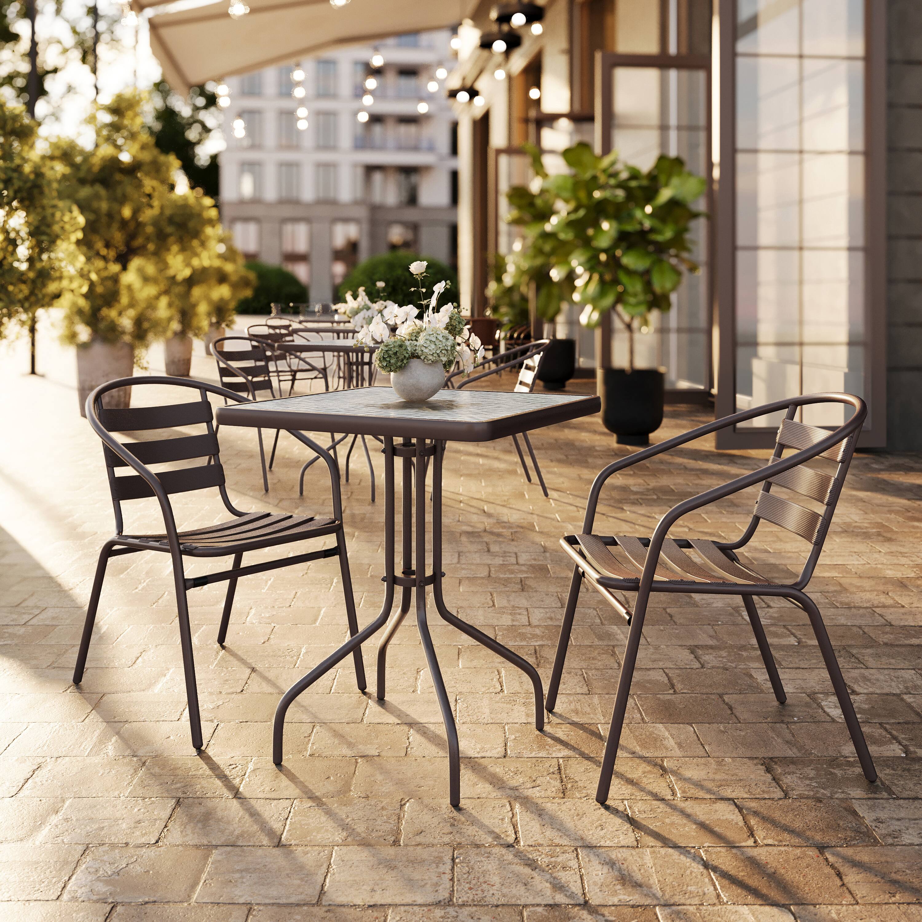 Alt View 1. Flash Furniture - Lila 23.5'' Square Glass Top Metal Table with 2 Bronze Aluminum Slat Stack Chairs - Brown.