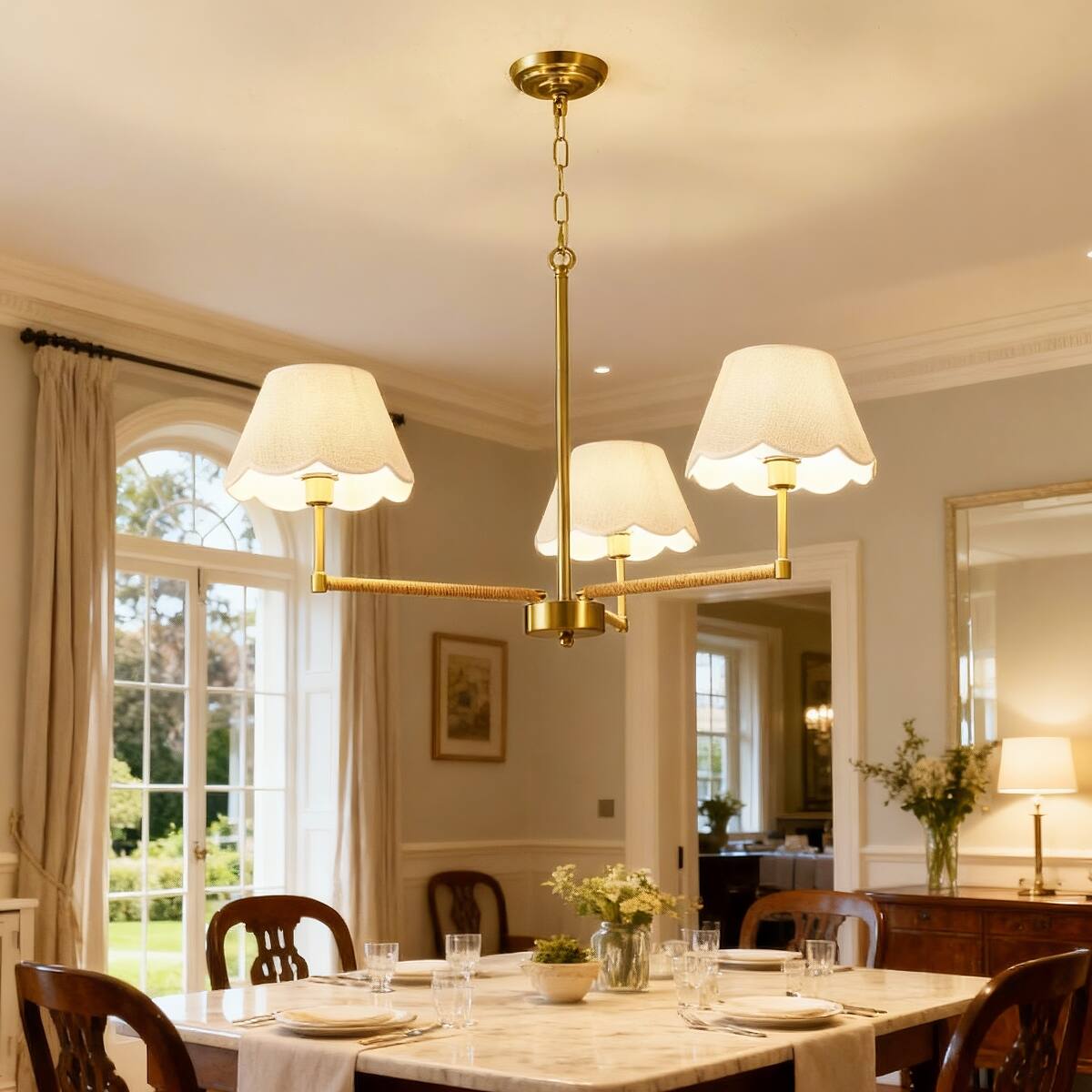 Alt View 4. Loheer - Loheer Three Light Gold Chandelier with Fabric Shades and Rope Accents for Dining Room or Living Room.