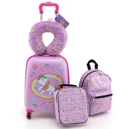 Front. Costway - 5 PCS Kids Luggage Set with Backpack Neck Pillow Luggage Tag Lunch Bag Wheels - Pink.