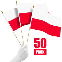 G128 - 50-Pack Handheld Poland Stick Flags, 12 x 18 in, 150D Polyester with Wooden Pole and Gold Spear Tip - Assorted Colors