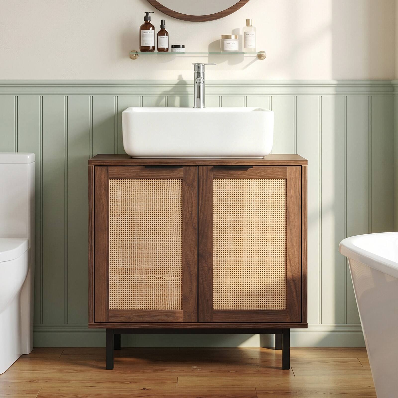 Alt View 1. Costway - Costway Under Sink Storage Cabinet with U-Shaped Cut-Out 2 Rattan Doors & Shelf Metal Legs - Brown.