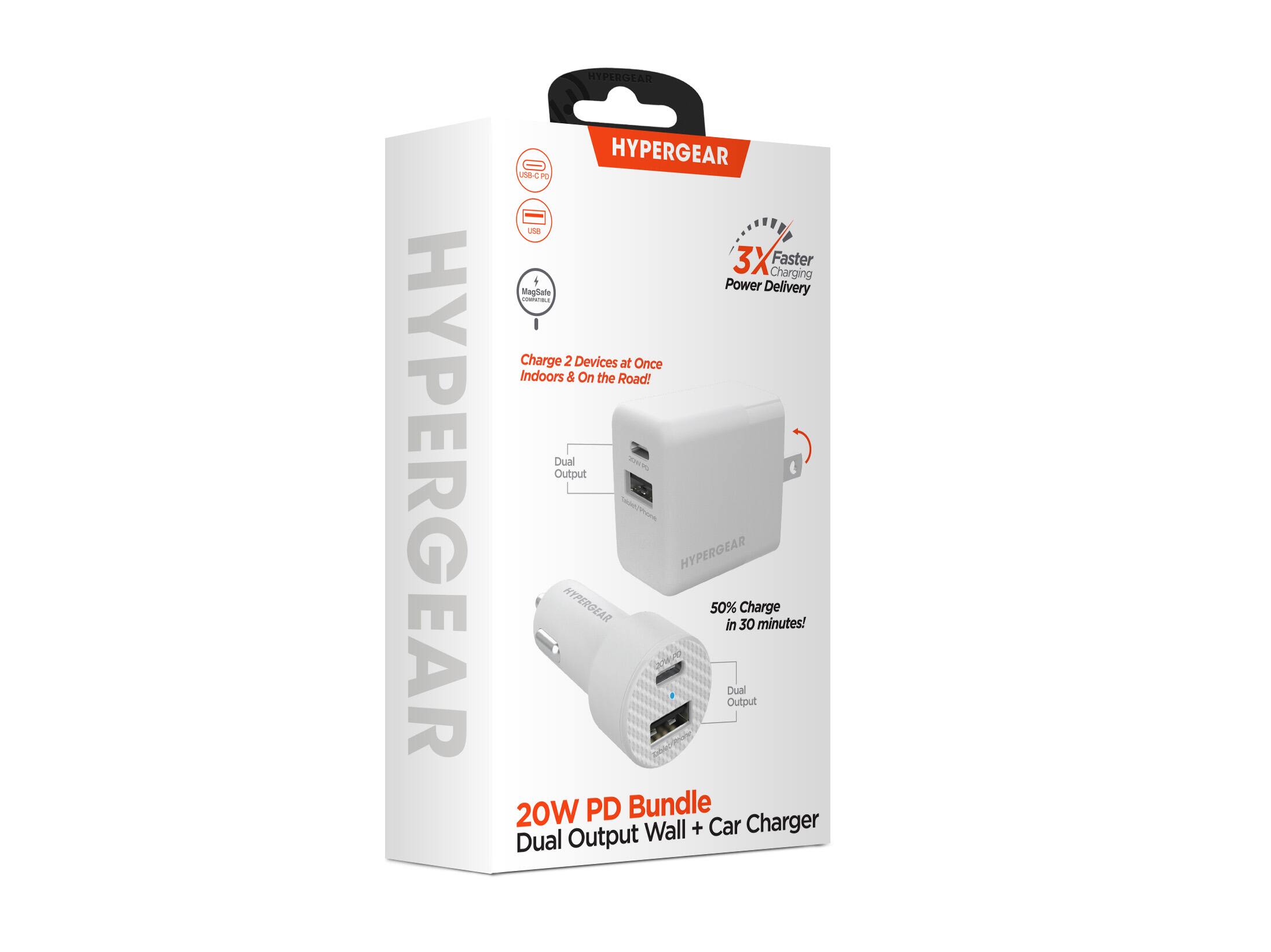 HYPERGEAR HYPERGEAR HYPERGEAR UNB-C PO USA 3X Faster 5 Charging MagiSafe Power Delivery nolenas Charge 2 Devices at Once Indoors & On the Road! Dual Output HYPERGEAR HYPERGEAR 50% in 30 Charge minutes! Dual Output 20W PD Bundle Output Wall + Car Charger
