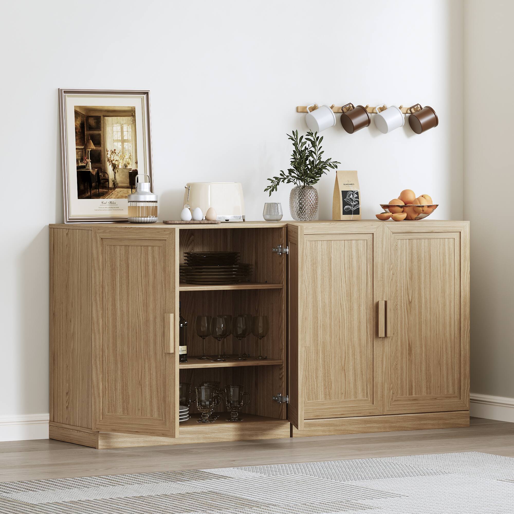 Alt View 2. PexFix - Farmhouse Sideboard & Food Pantry, 62" W Solid Wood Cabinet with Scratch-Proof, Adjustable Shelves – Ideal for Entryway - Natural.