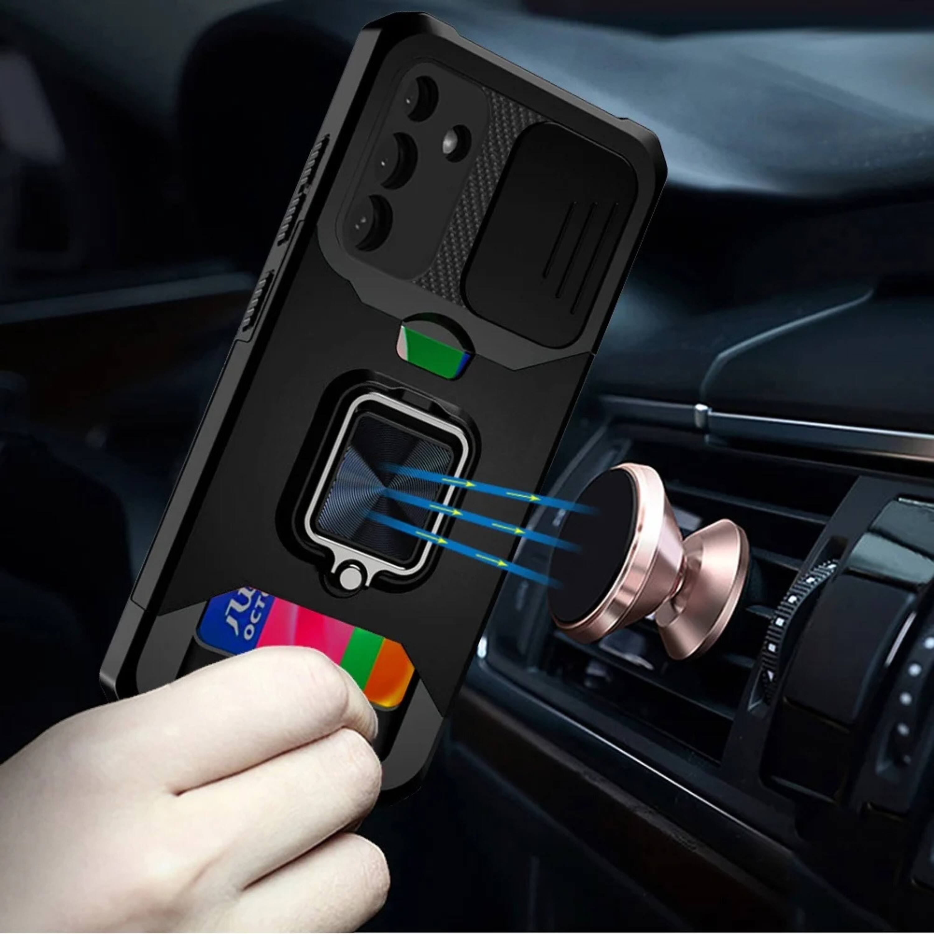 Left. Kitcheniva - Multi Use Card Holder Protective Phone Case With Tempered Glass For Samsung S25 Plus S24 Plus Black - Black.
