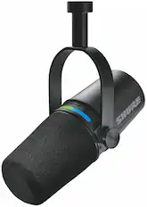 The image features a Shure microphone with a black case and a black stand. The microphone is designed for use with two channels, providing a versatile and high-quality audio recording experience. The stand is attached to the microphone, making it easy to position and adjust for optimal sound capture.