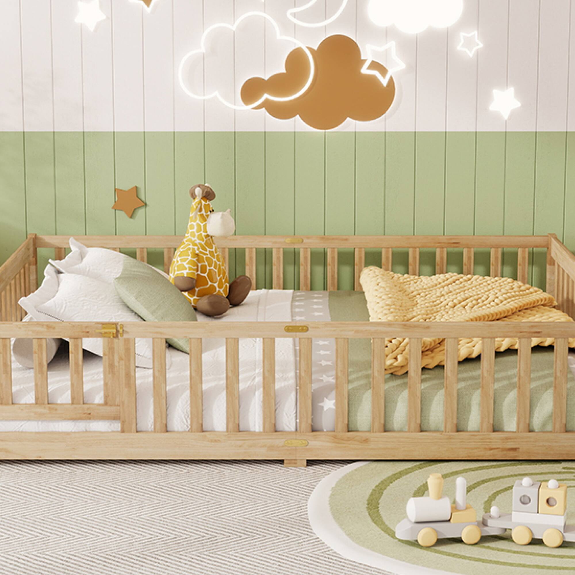 Alt View 5. GOODSILO - Queen Size Low-Profile Platform Bed with Safety Guardrails and Entry Door for Secure Sleeping Space - Natural.