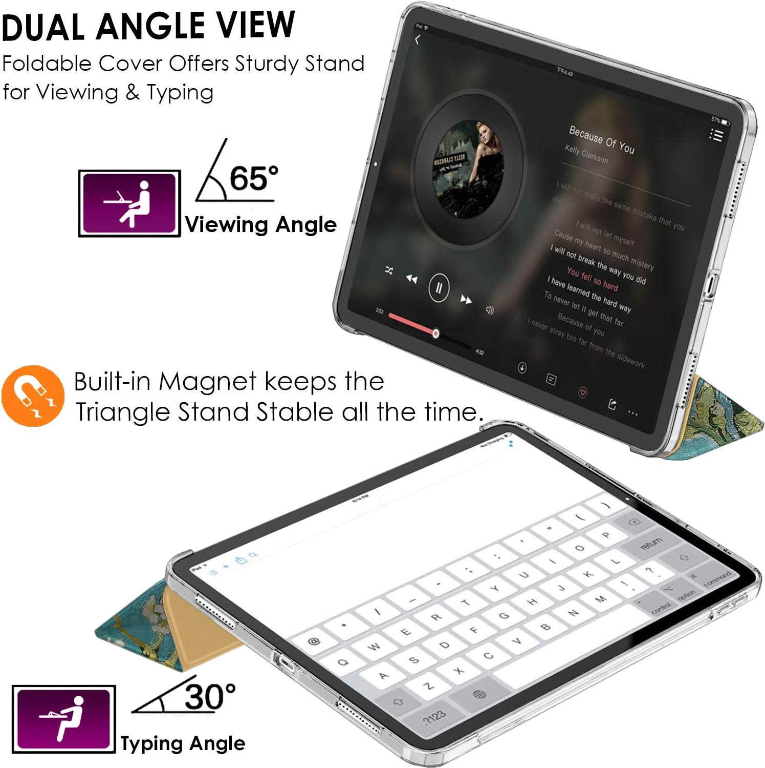 DUAL ANGLE VIEW  
Foldable Cover Offers Sturdy Stand for Viewing & Typing  
65° Viewing Angle  
Built-in Magnet keeps the Triangle Stand Stable all the time.  

Because Of You  
Kelly Clarkson  
I will not make the same mistake that you did  
Cause I will not let myself break the way you did  
I will not let my heart be so much mystery  
You fell so hard  
I never learned the hard way  
Because I never let it get that far  
I never stray too far from the sidewalk  

a 30° Typing Angle  
Q W E R T Y U I O P  
A S D F G H J K L  
Z X C V B N M