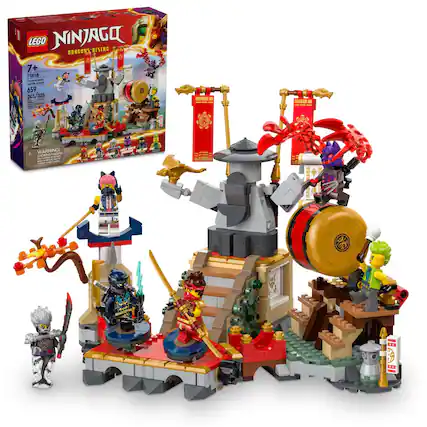 The image features a Ninjago Lego set called "Dragons Rising" with a total of 659 pieces. The set is designed for children aged 7 and above and includes various elements such as a dragon, a castle, and a boat. The Lego set also comes with a booklet that provides instructions for assembling the set. The Ninjago Lego set is a fun and engaging toy for children who enjoy building and playing with Lego sets.