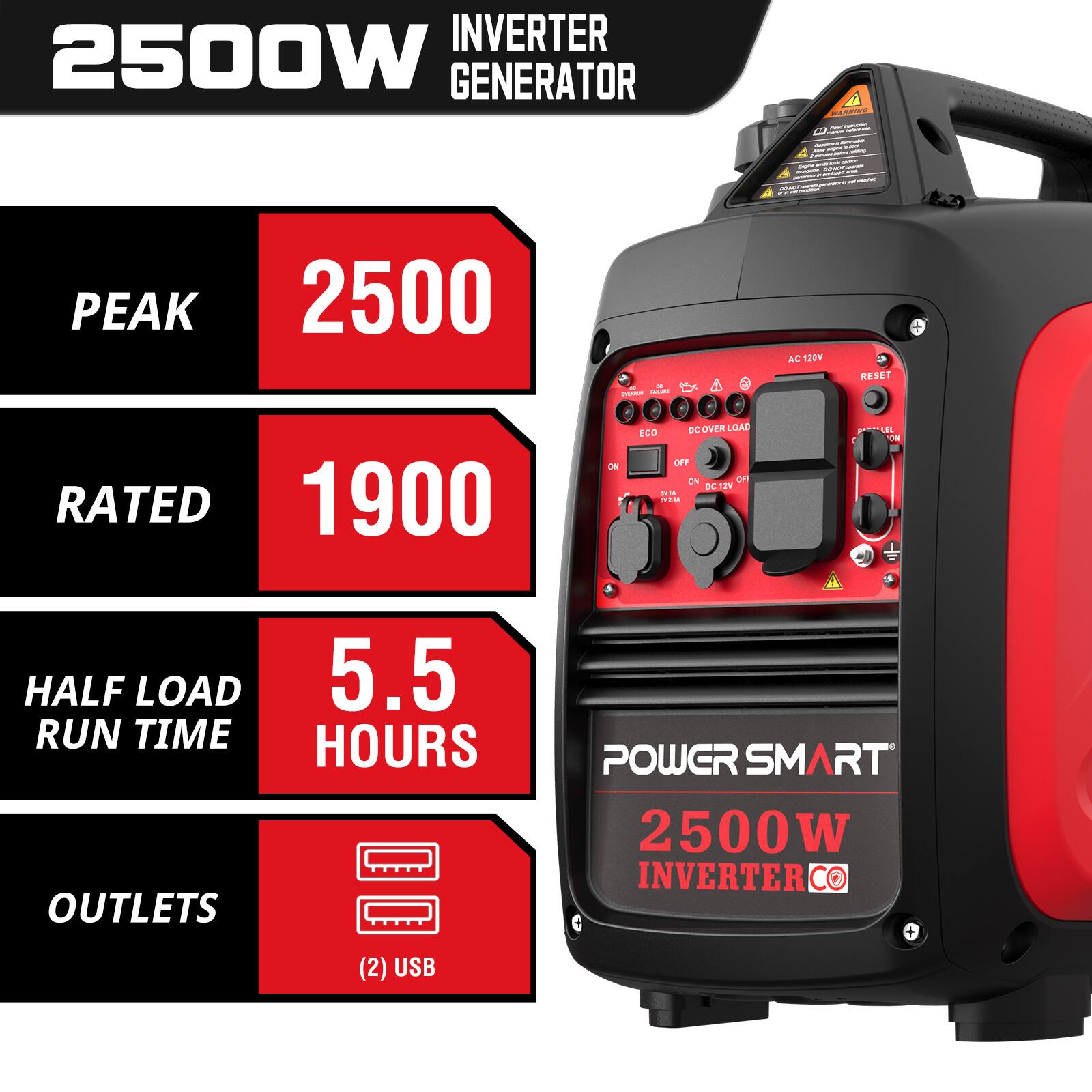 INVERTER 2500W GENERATOR

PEAK 2500
RATED 1900
HALF LOAD RUN TIME 5.5 HOURS
OUTLETS (2) USB

AC 120V
RESET
DC OVERLOAD ECO OFF ON
DC 12V 12A
LEL ON

POWER SMART 2500W INVERTER