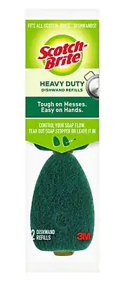 Fits all Scotch-Brite dishwands!
Scotch-Brite Heavy Duty Dishwand Refills
Tough on Messes. Easy on Hands.
Control your soap flow. Tear out soap stopper or leave it in.
2 Dishwand Refills
3M