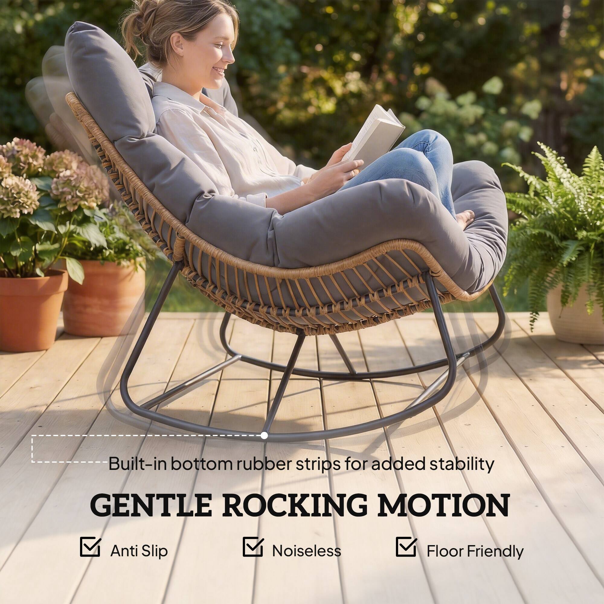 Built-in bottom rubber strips for added stability

GENTLE ROCKING MOTION

- Anti Slip
- Noiseless
- Floor Friendly