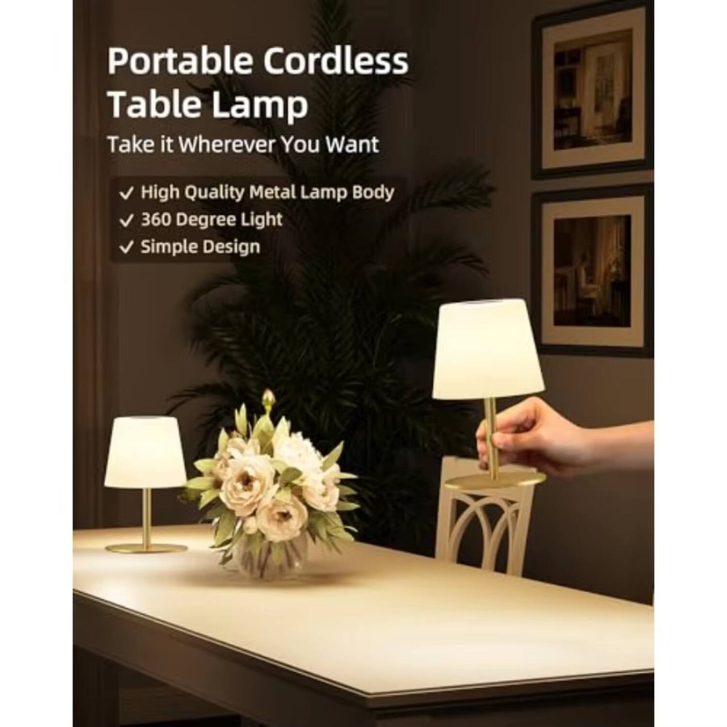 Portable Cordless Table Lamp  
Take it Wherever You Want  

- High Quality Metal Lamp Body  
- 360 Degree Light  
- Simple Design