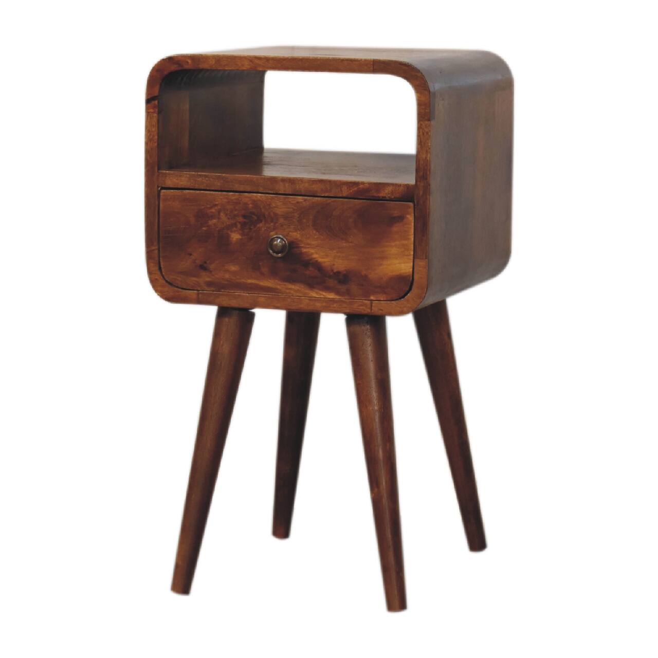 Back. Artisan Furniture - Artisan Furniture Solid Wood Mini Chestnut Curve Open Nightstand, 1 Drawer, 1 Open Storage, Nordic legs, Brown - Chestnut.