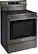 The image shows a stainless steel LG oven with a stove top. The oven has a black glass door and is sitting on top of a black base. The oven is turned off and appears to be empty.