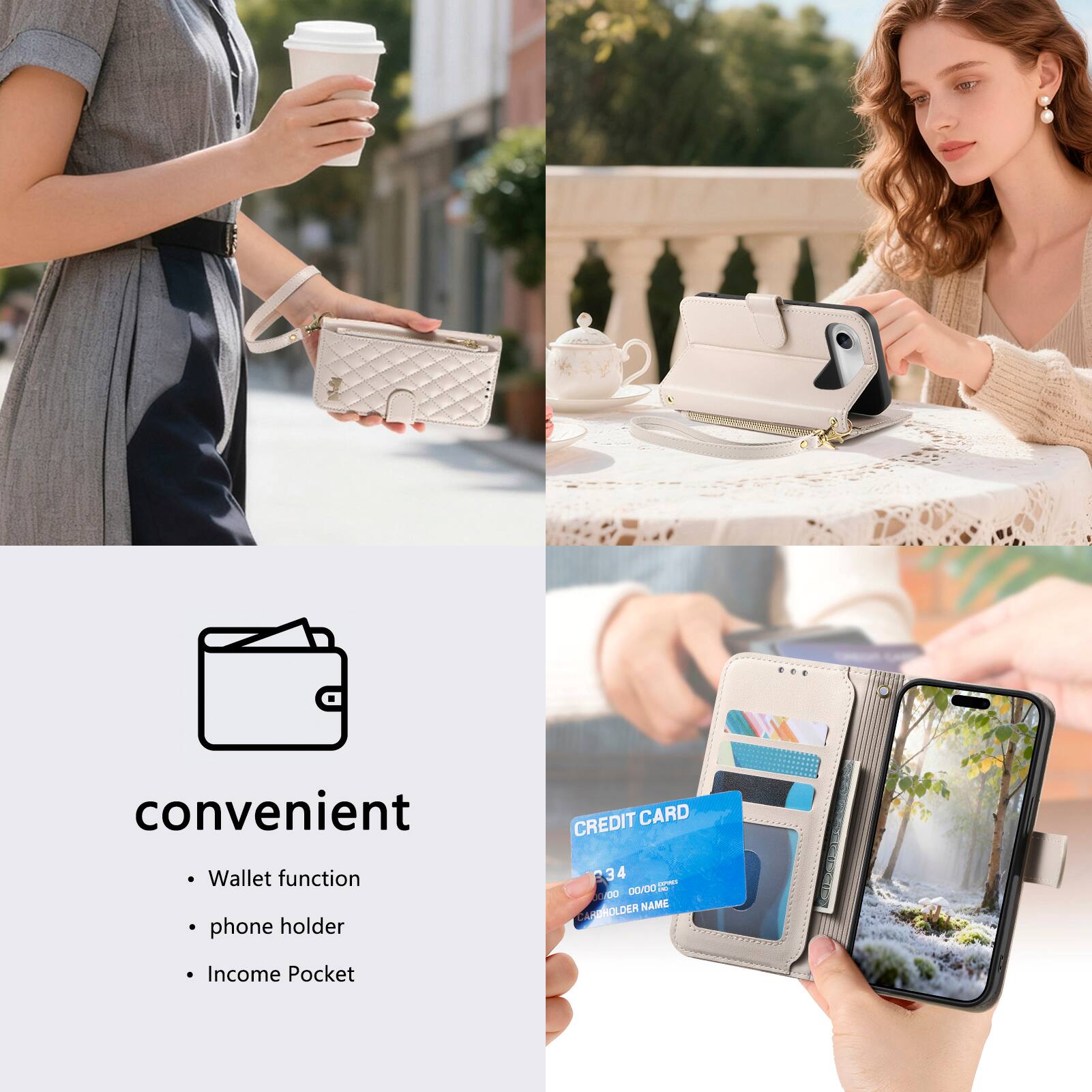 convenient  
- Wallet function  
- phone holder  
- Income Pocket  

CREDIT CARD  
1234 0000 0000 0000  
CARDHOLDER NAME