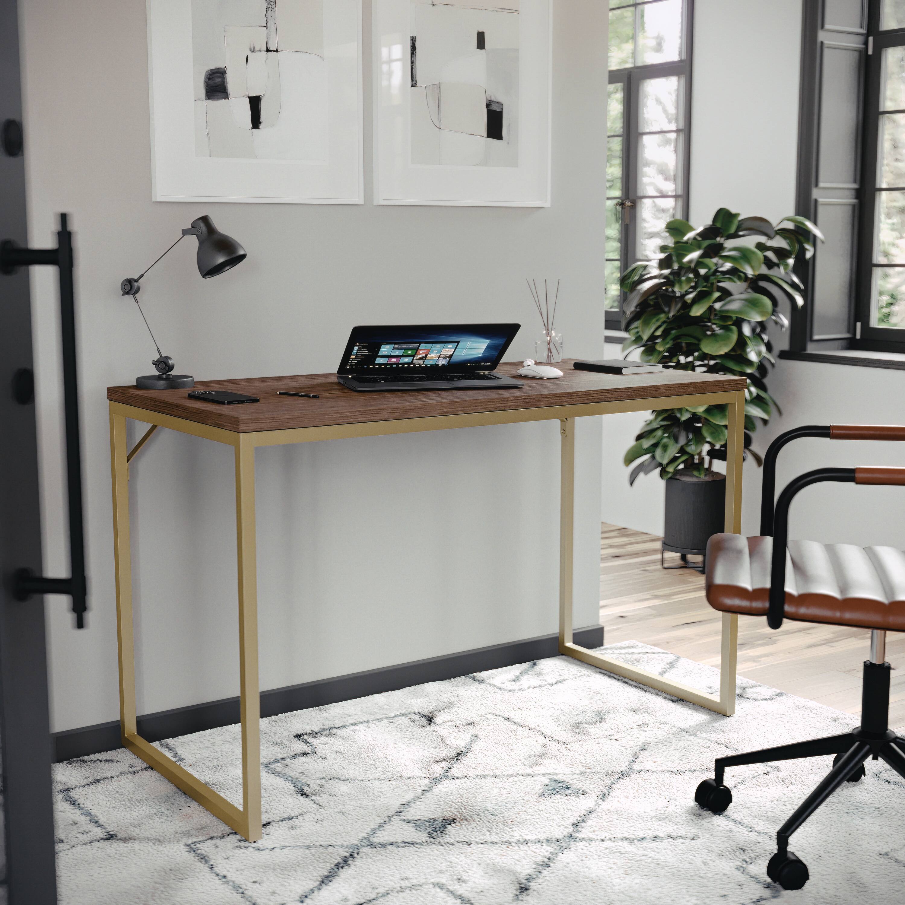 Alt View 15. Martha Stewart - Noah Walnut Wood Grain Parsons Desk - Walnut Top/Polished Brass Frame.