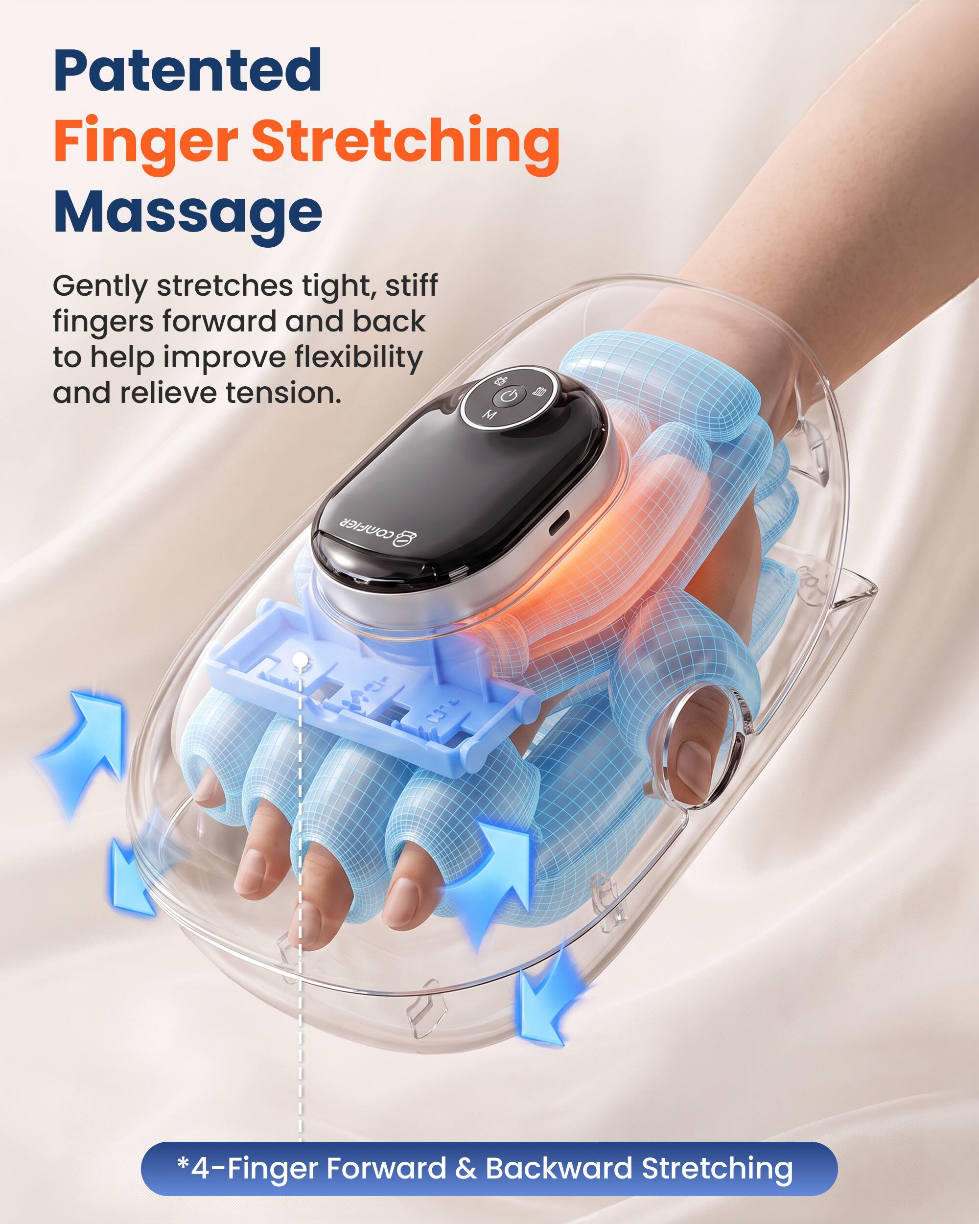 Patented Finger Stretching Massage  
Gently stretches tight, stiff fingers forward and back to help improve flexibility and relieve tension.  

COMFIER  
4-Finger Forward & Backward Stretching
