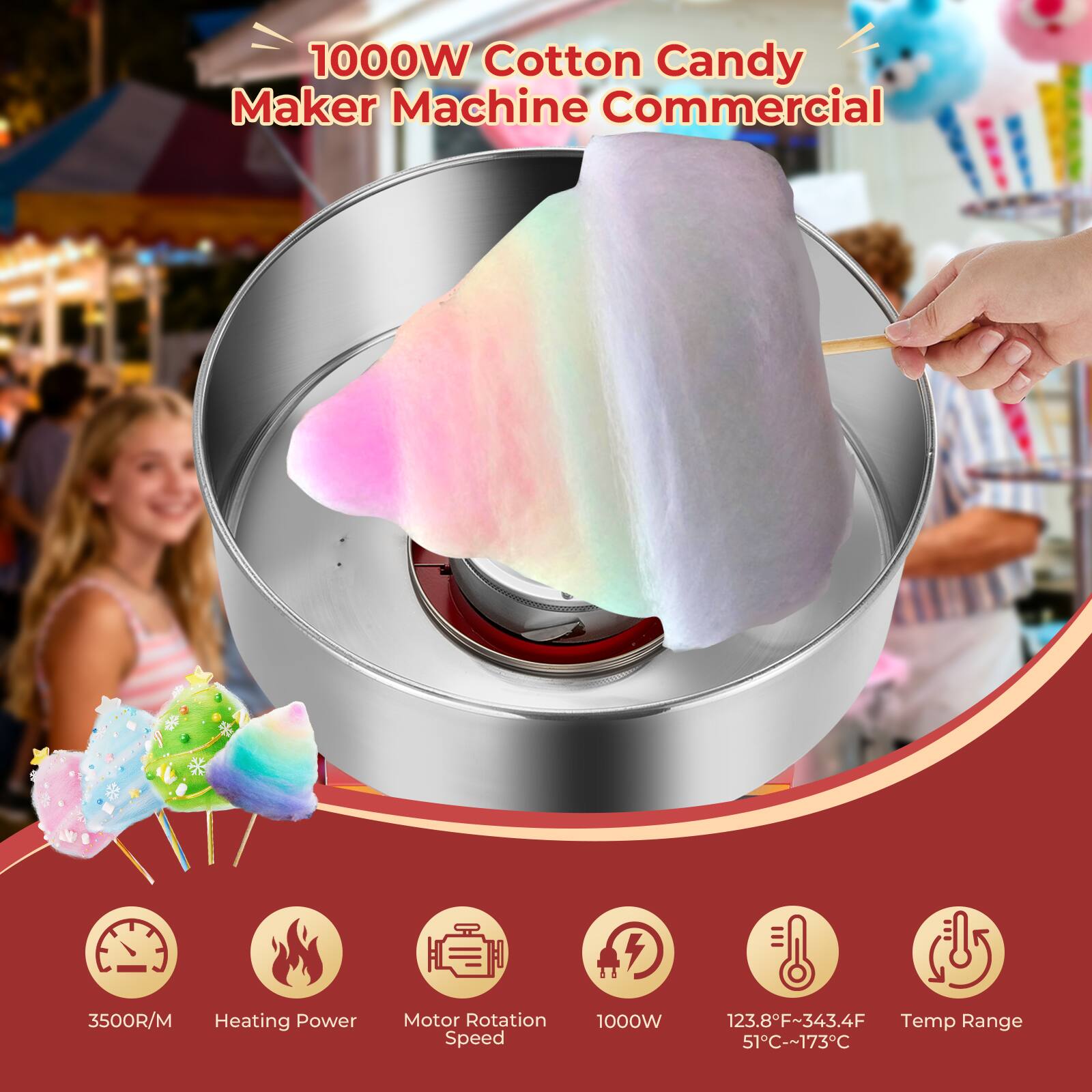 1000W Cotton Candy Maker Machine Commercial

3500R/M Heating Power
Motor Rotation Speed
1000W
123.8F~343.4F Temp Range 51C-173C