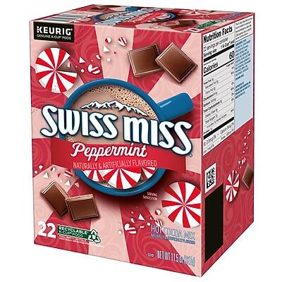 Sure, here is the corrected and grouped text from the image:

**Front of the Box:**
- KEURIG
- SWISS MISS Peppermint
- NATURALLY & ARTIFICIALLY FLAVORED
- 22 RECYCLABLE K-CUPS
- HOT CHOCOLATE MIX
- NET WT 11.5 OZ (325g)

**Side of the Box:**
- Nutrition Facts
- Serving Size: 1 K-Cup
- Calories: 60
- Total Fat: 0g
- Sodium: 50mg
- Total Carbohydrate: 15g
- Sugars: 15g
- Protein: 0g

**Additional Information:**
- SUGGESTED USE: 2 K-CUPS PER SERVING
- RECYCLABLE K-CUPS