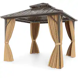 Costway - 10 X 10 FT Hardtop Gazebo with Curtain Heavy-Duty Double-Roof Galvanized Metal Top - Brown