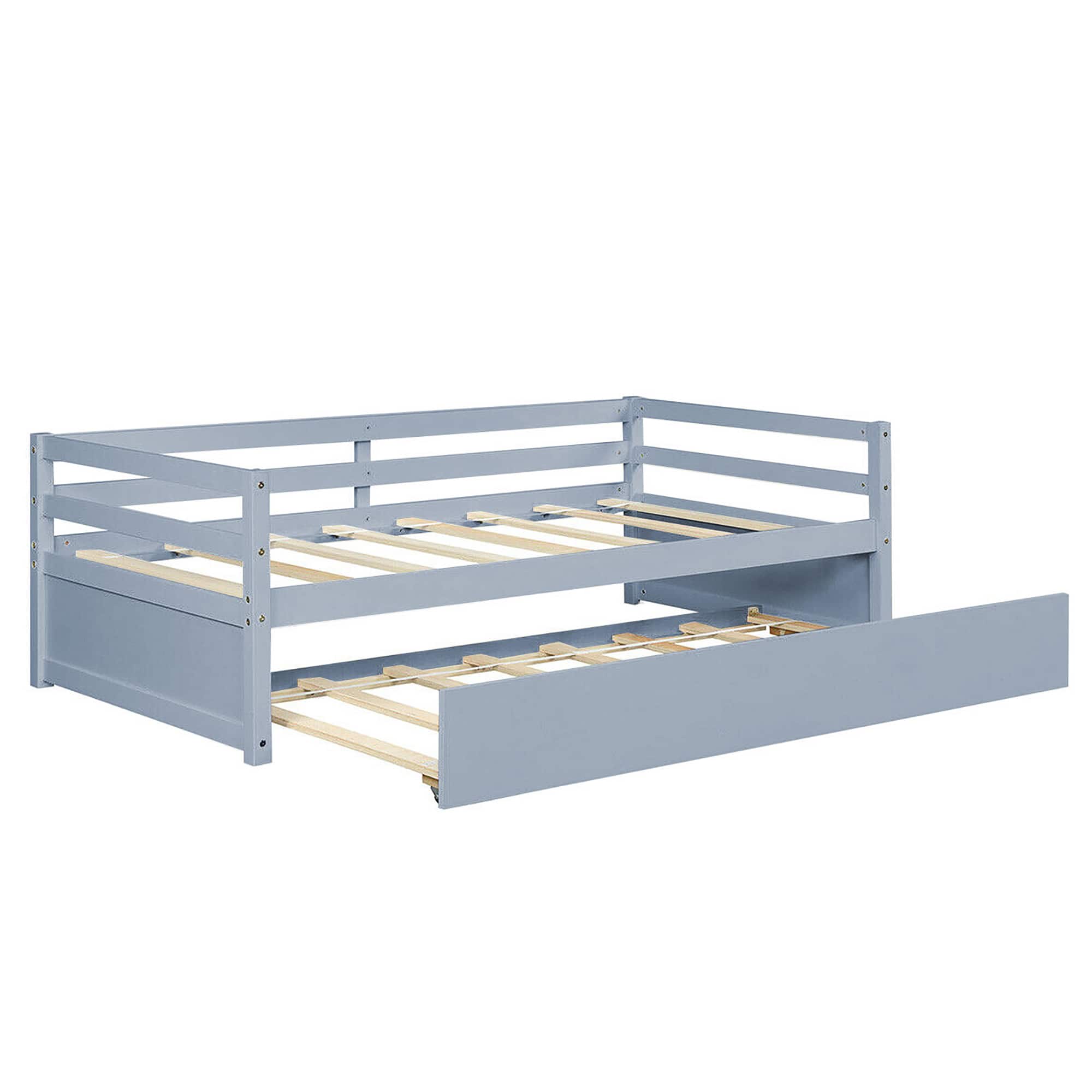 Costway - Twin Size Trundle Daybed Wooden Slat Support Mattress Platform - Gray