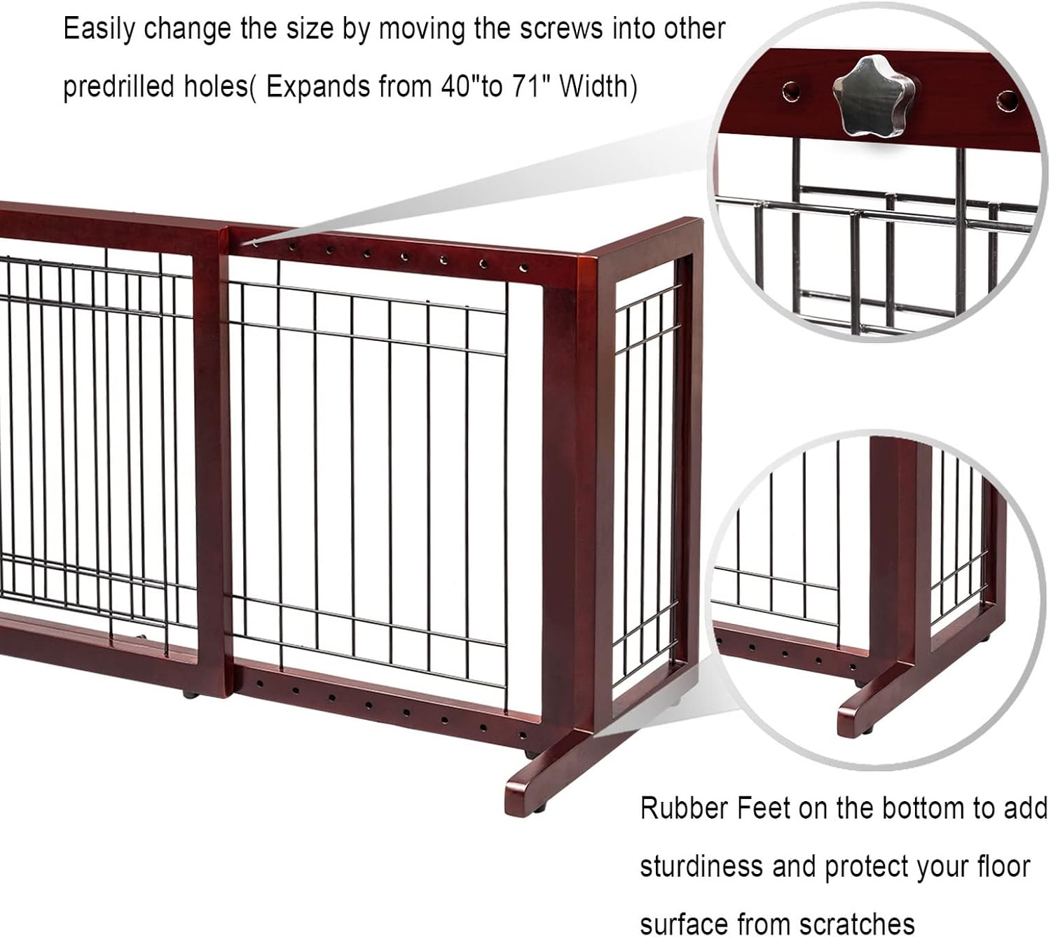Easily change the size by moving the screws into other predrilled holes (Expands from 40" to 71" Width). Rubber Feet on the bottom to add sturdiness and protect your floor surface from scratches.