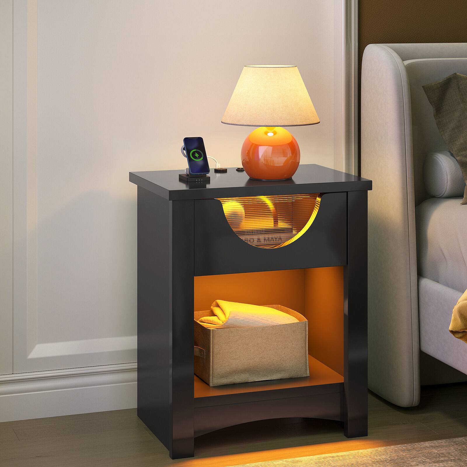 Back. Bestier - Nightstands with Charging Station, Modern LED End Table Bedside Table with Drawer for Bedroom, Living Room - Glossy Black - Set of 2.