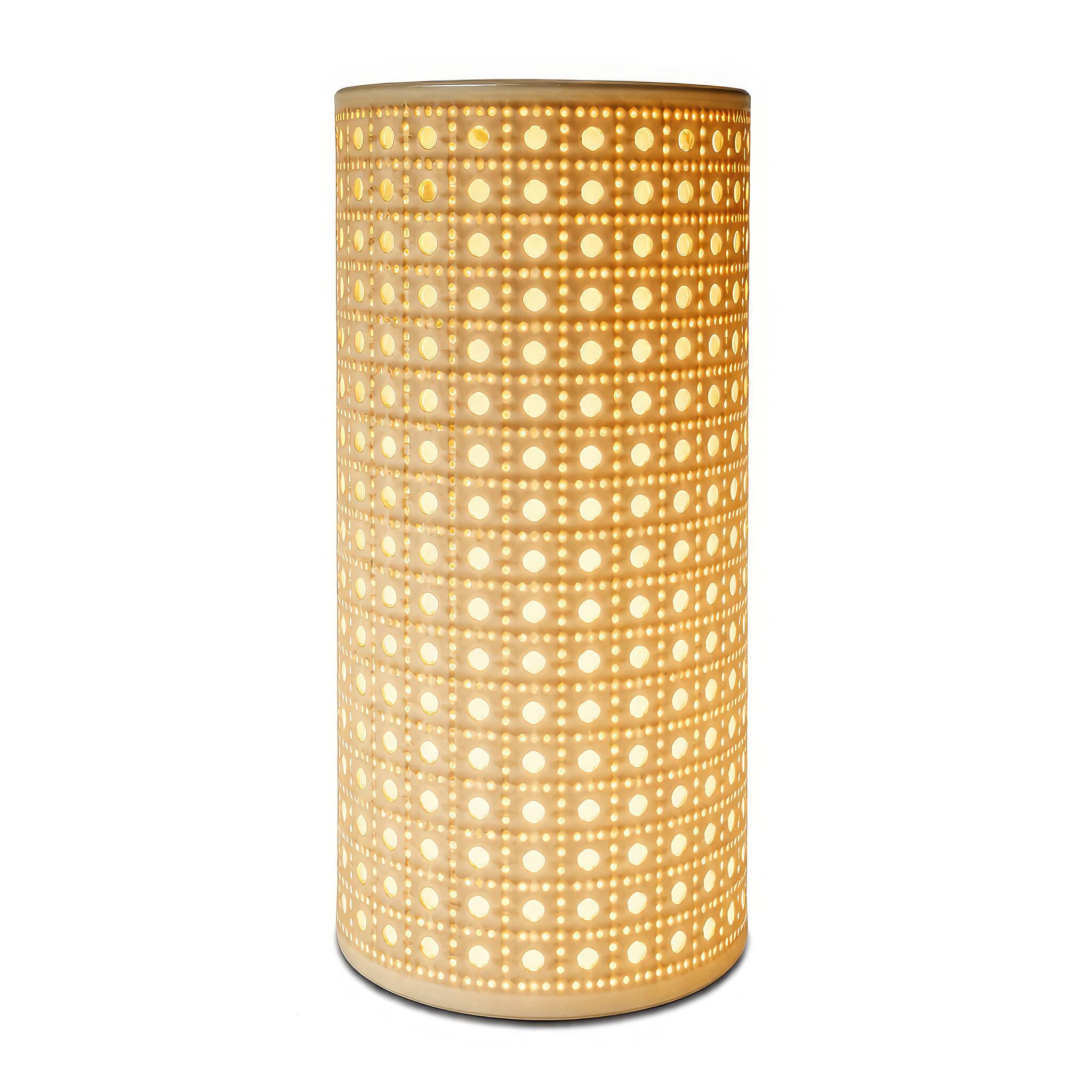 Angle. FC Design - 11"H Golden Cylinder w/ Grid Cutout Ambient Glow Table Lamp.