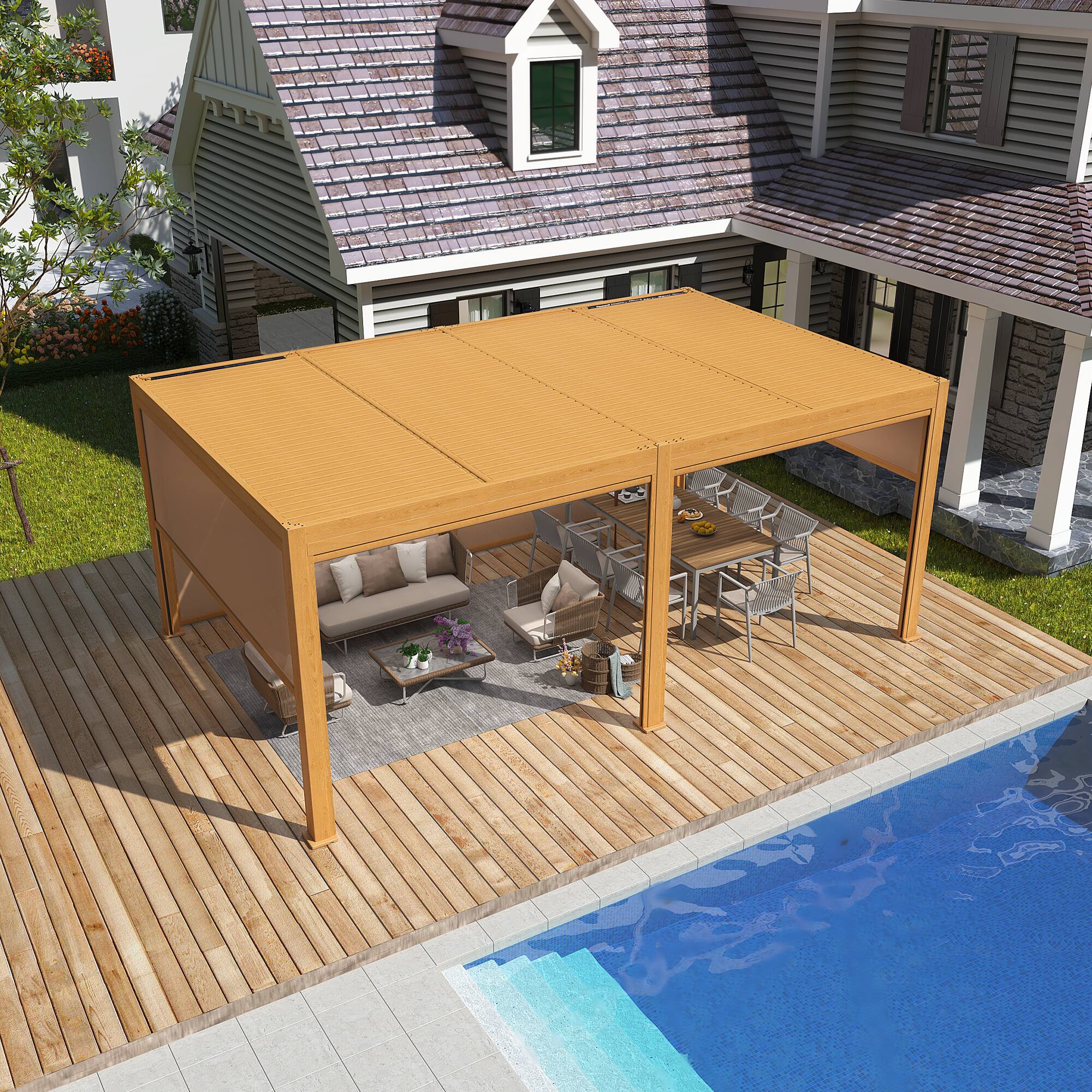 Left. U-HOMY - Outdoor Aluminum Louvered Pergola Gazebo with Adjustable Rainproof Roof and Wood Grain Finish - 12'x20'.