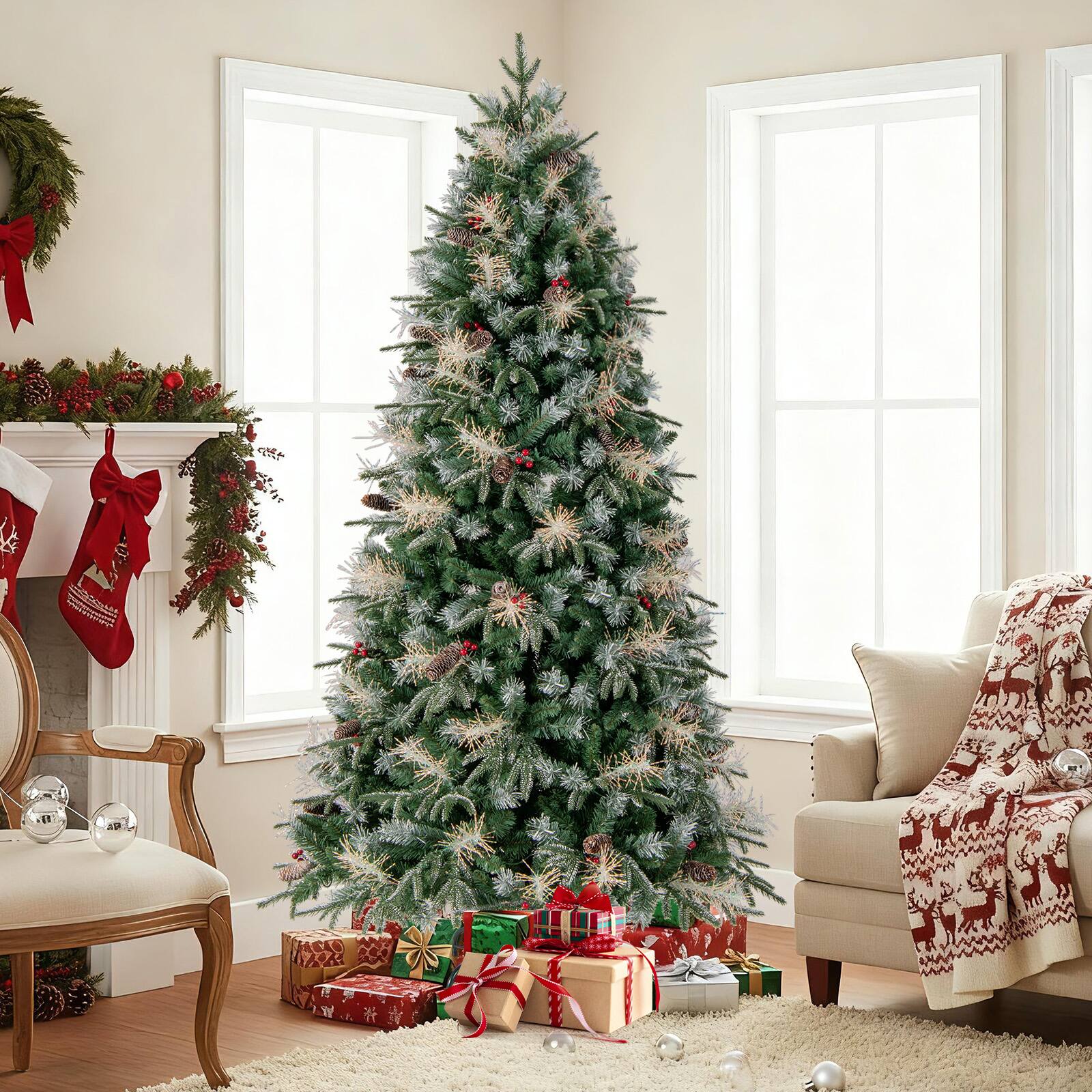 Alt View 4. Costway - Costway 7 FT Artificial Christmas Tree with 1072 Branch Tips, 350 Warm White LED Lights - Green.