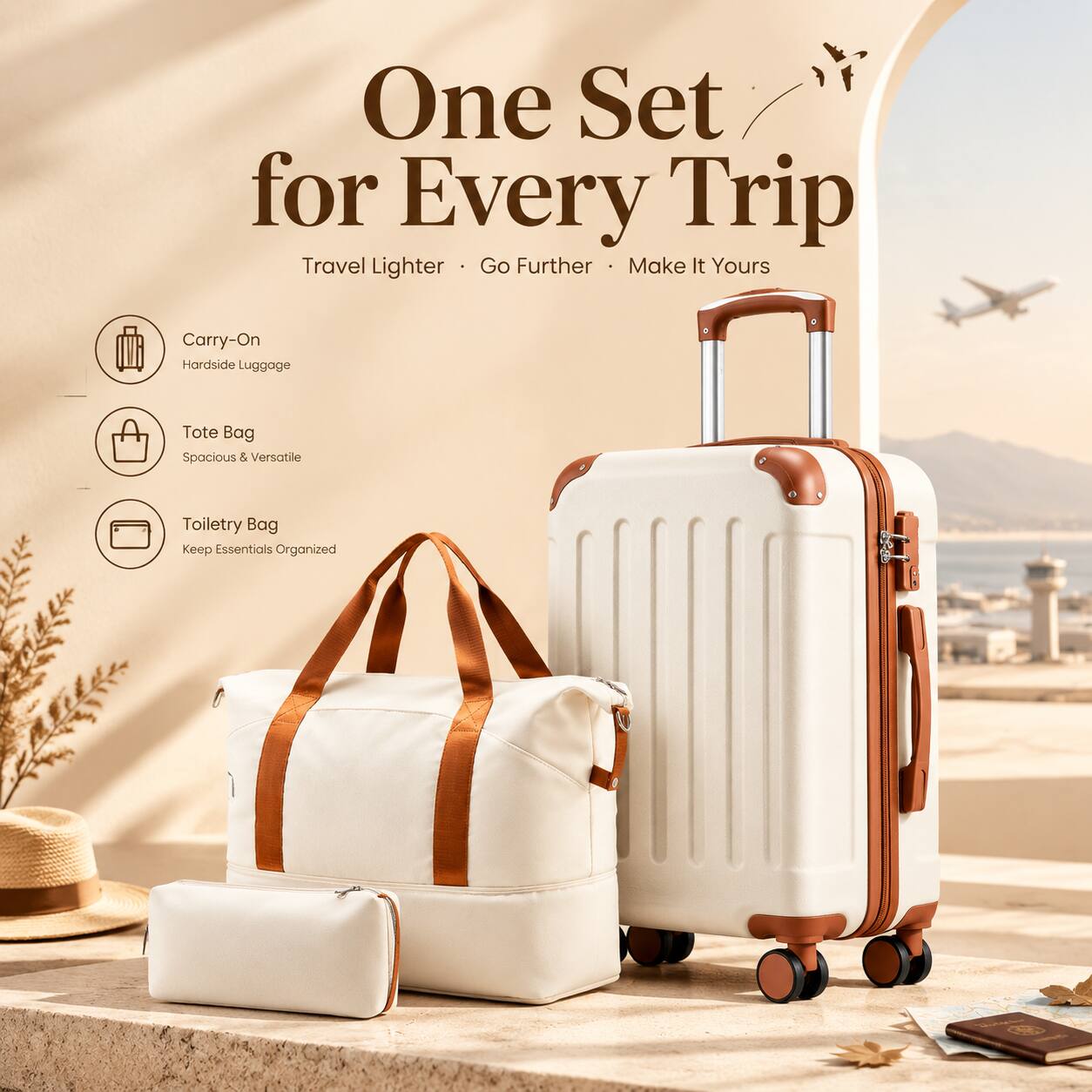 One Set for Every Trip  
Travel Lighter · Go Further · Make It Yours  

Carry-On Hardside Luggage  
Tote Bag Spacious & Versatile  
Toiletry Bag Keep Essentials Organized