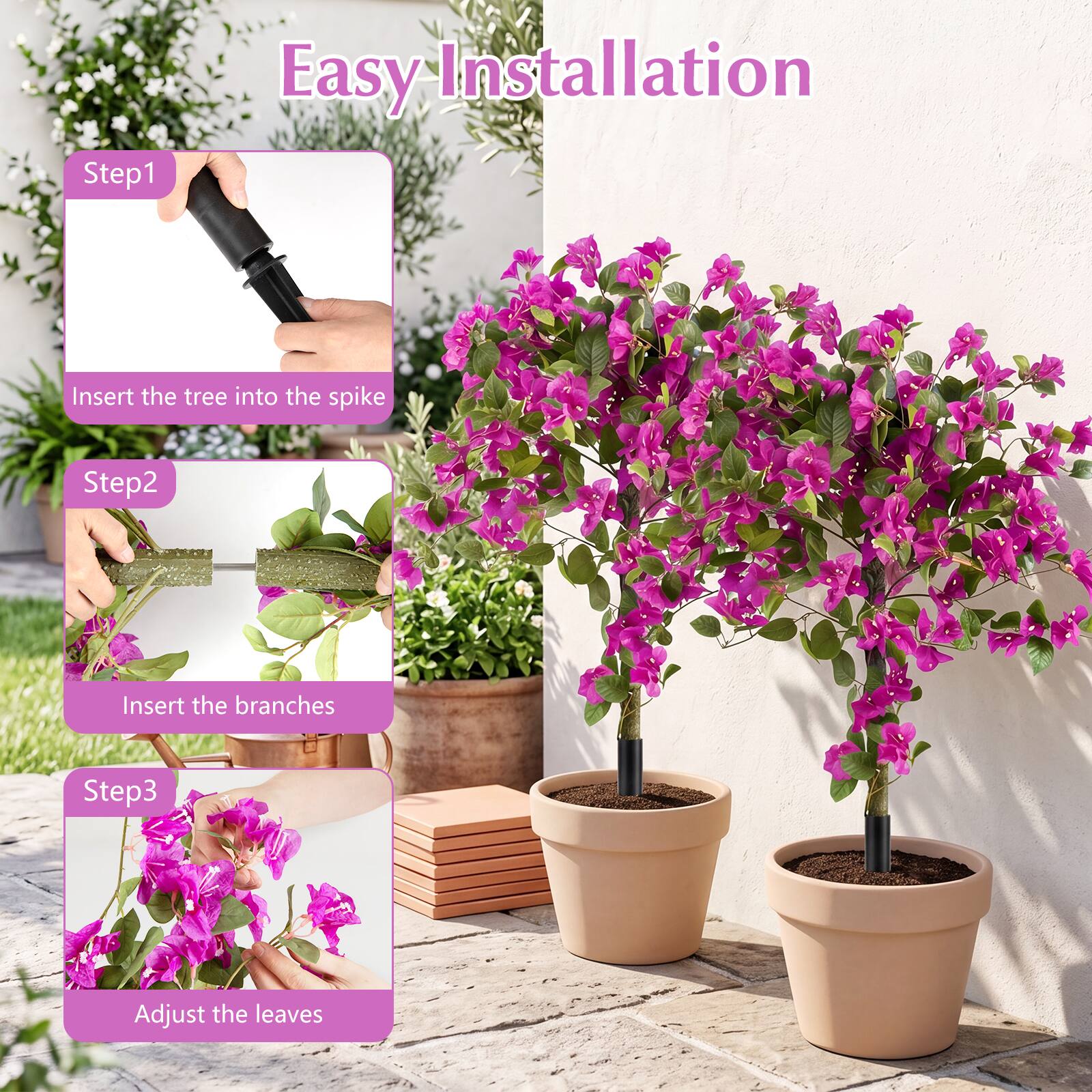 Step 1: Easy Installation  
Insert the tree into the spike  
Step 2: Insert the branches  
Step 3: Adjust the leaves