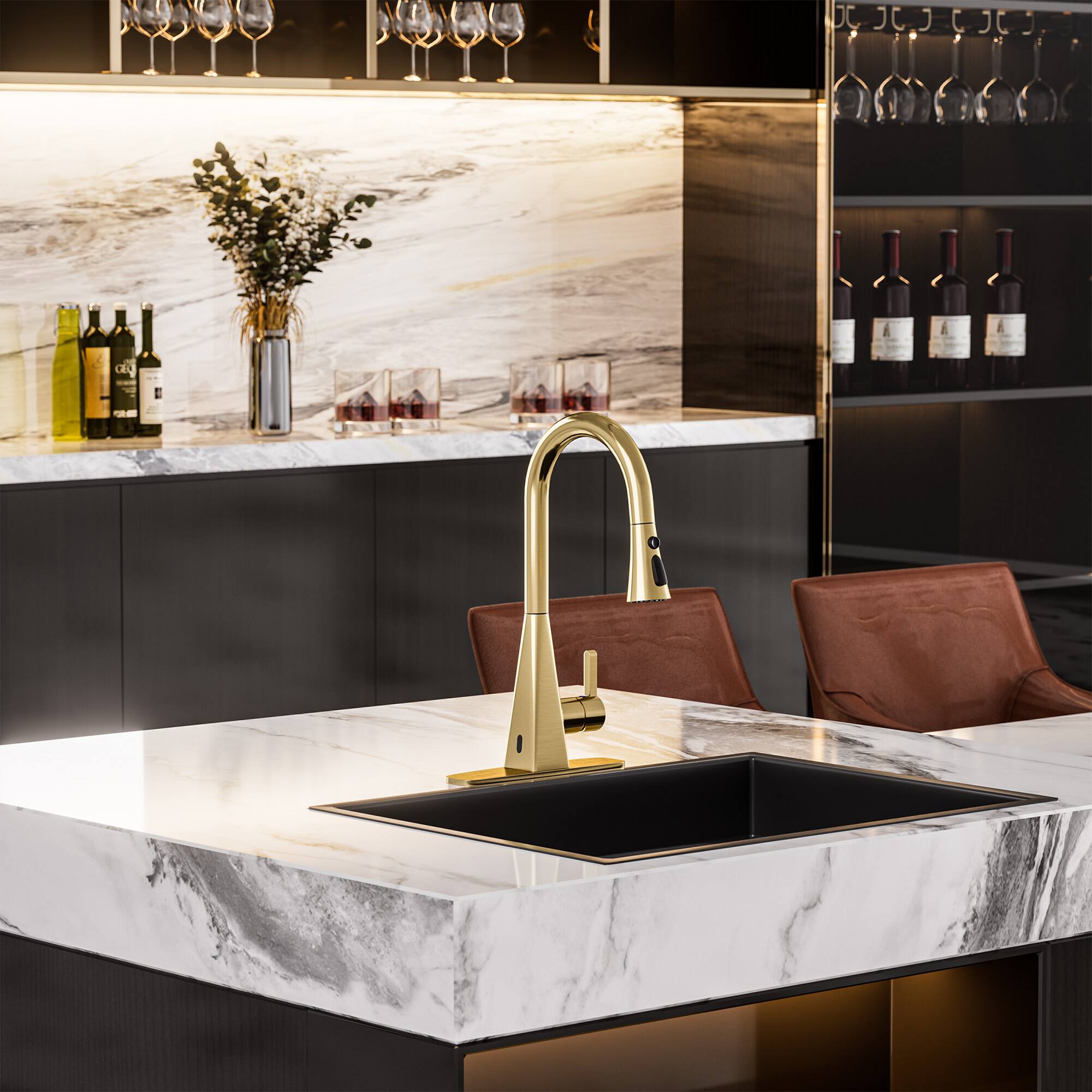 Left. Mondawe - Dual-Sensor Touchless Pull-Down Kitchen Faucet with 3-Function Sprayer - Bruehed Gold.