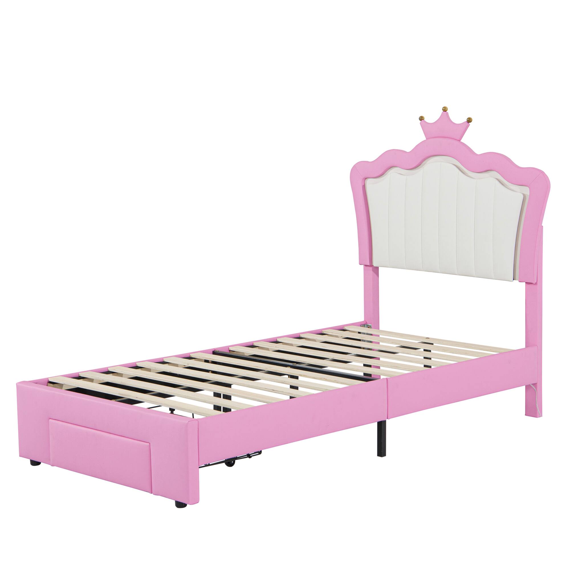 Alt View 1. GOODSILO - Twin Size Upholstered Platform Bed with LED Lighting and Storage Drawer, Modern Crown Headboard Design for Bedroom Decor - Pink+White.