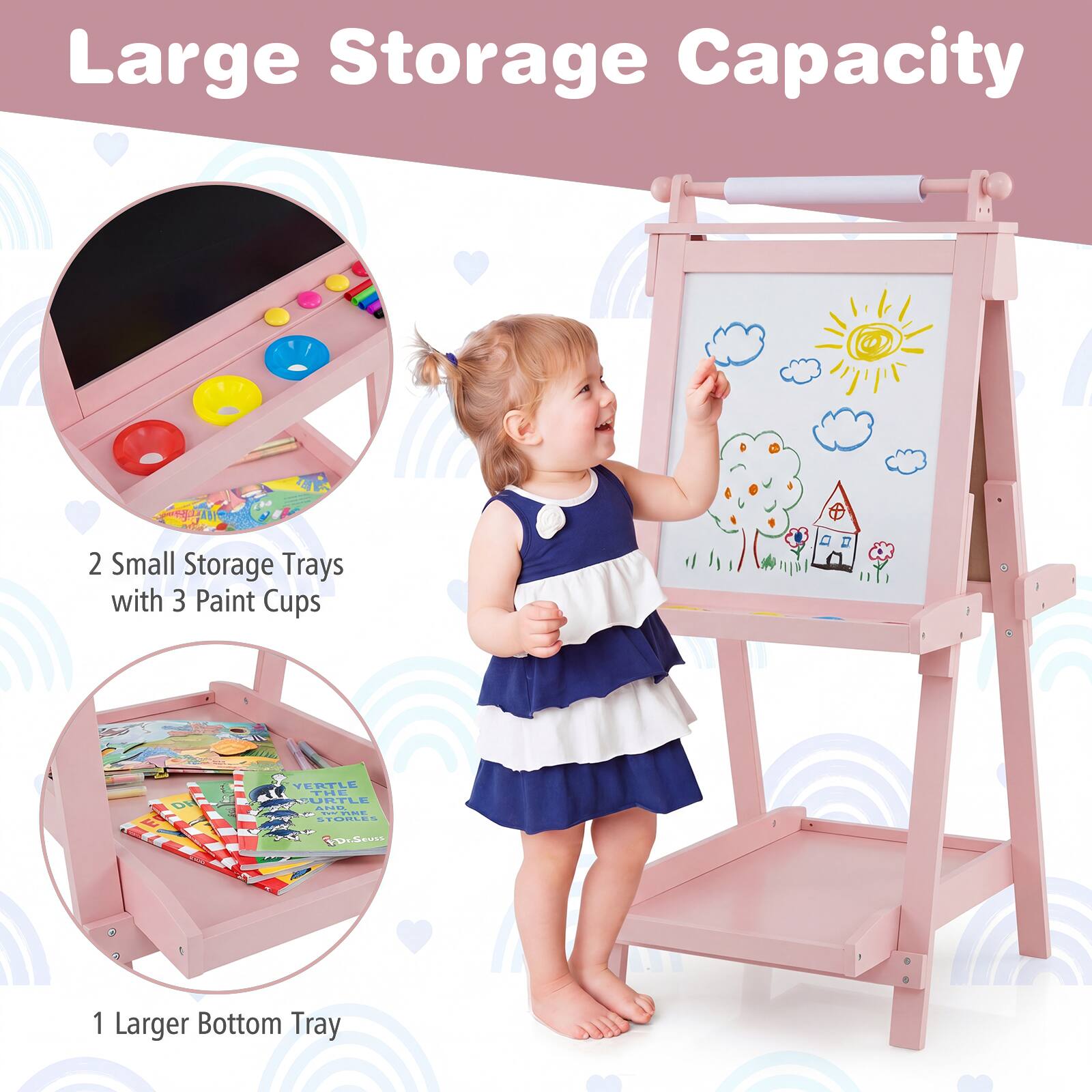 Large Storage Capacity

2 Small Storage Trays with 3 Paint Cups

1 Larger Bottom Tray
