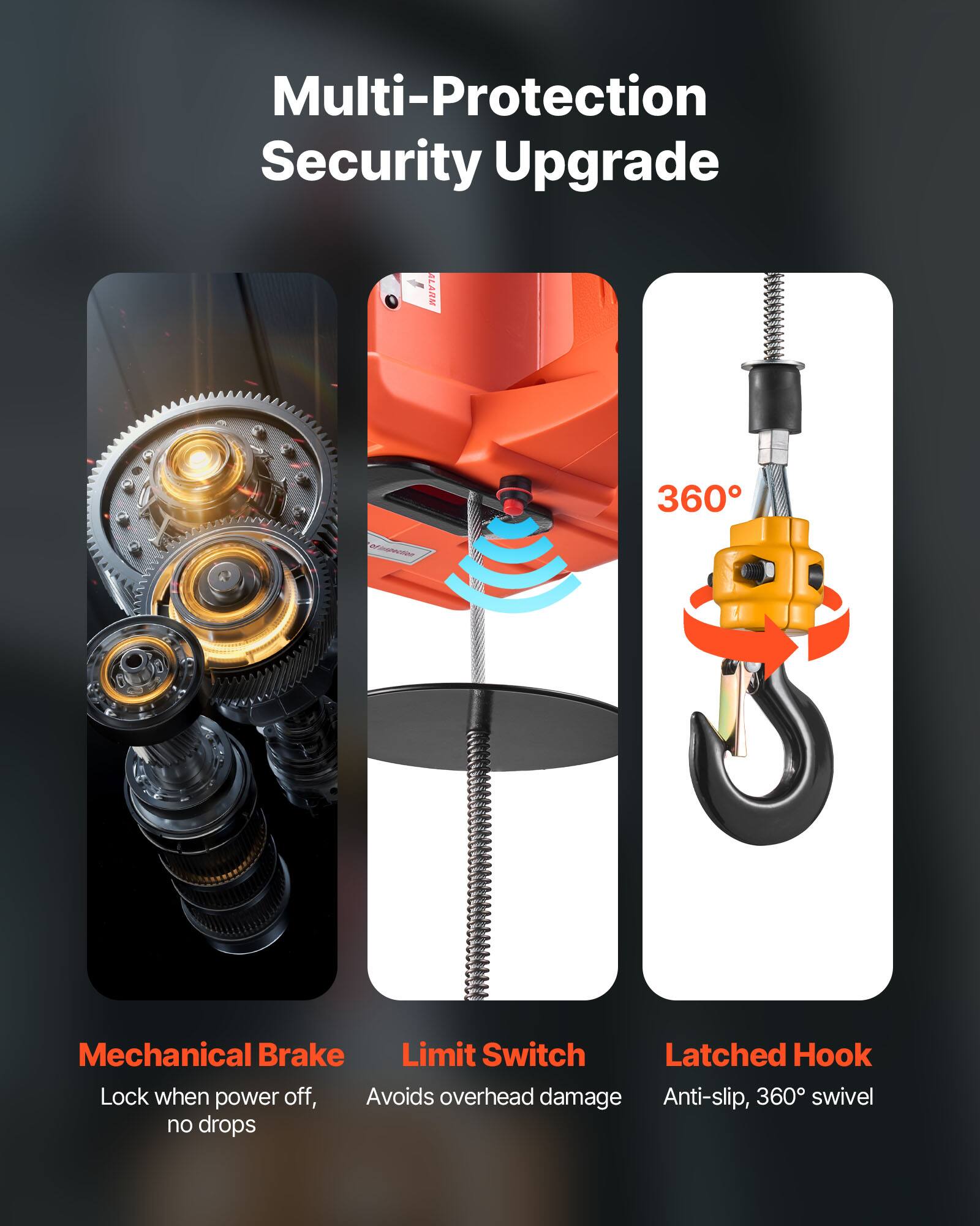 Multi-Protection Security Upgrade

Mechanical Brake
Lock when power off, no drops

Limit Switch
Avoids overhead damage

Latched Hook
Anti-slip, 360° swivel
