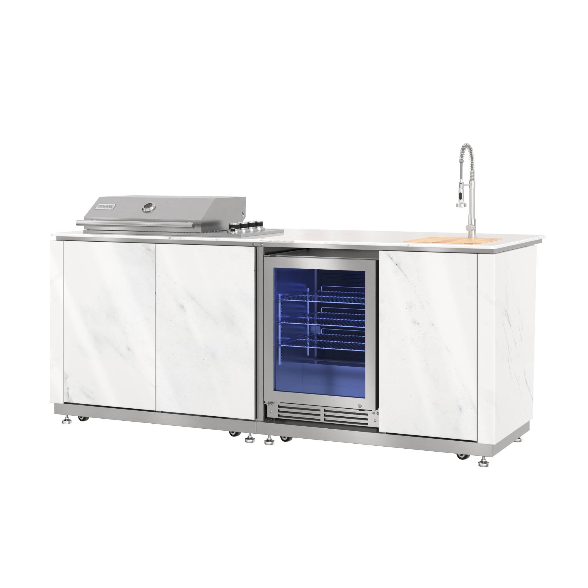 Alt View 2. Koolmore - 95 in. Outdoor Kitchen Island with 4-Burner NG and LP BBQ Grill, White Stone Counters, Sides and Sink in Stainless-Steel - Stainless-Steel and White Stone.