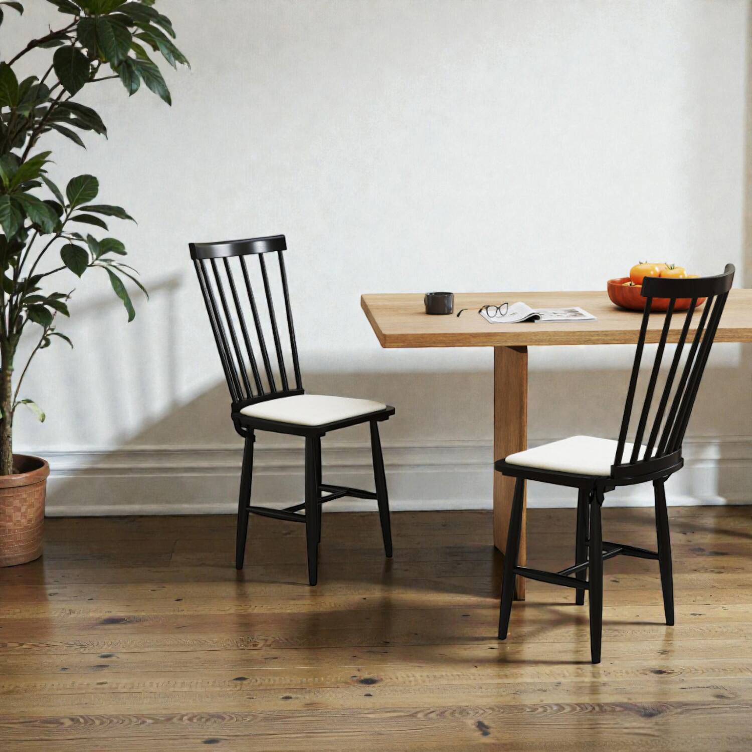 Front. Hivvago - Set of 2 Rustic Rubberwood Windsor Dining Chairs with Detachable Cushioned Seats - Black.