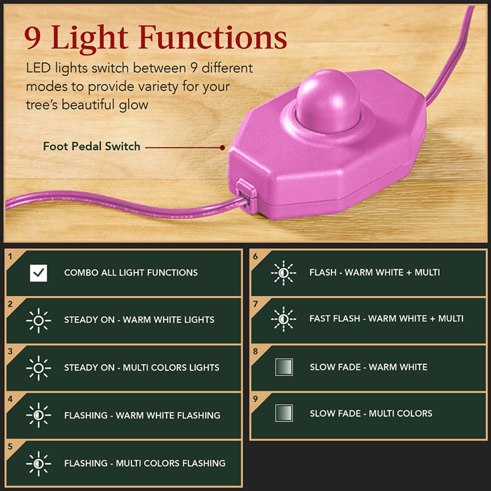9 Light Functions

LED lights switch between 9 different modes to provide variety for your tree's beautiful glow

Foot Pedal Switch

1. COMBO ALL LIGHT FUNCTIONS
2. STEADY ON - WARM WHITE LIGHTS
3. STEADY ON - MULTI COLORS LIGHTS
4. FLASHING - WARM WHITE FLASHING
5. FLASHING - MULTI COLORS FLASHING
6. FLASH - WARM WHITE + MULTI
7. FAST FLASH - WARM WHITE + MULTI
8. SLOW FADE - WARM WHITE
9. SLOW FADE - MULTI COLORS