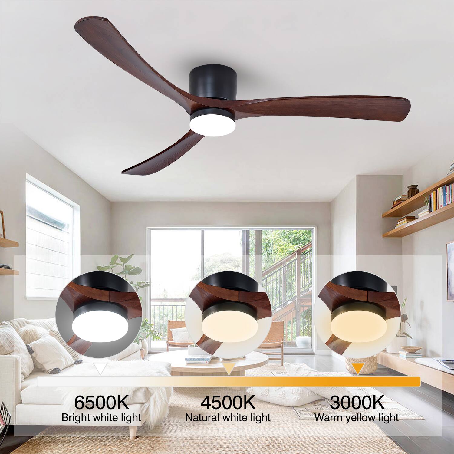 6500K  
Bright white light  

4500K  
Natural white light  

3000K  
Warm yellow light