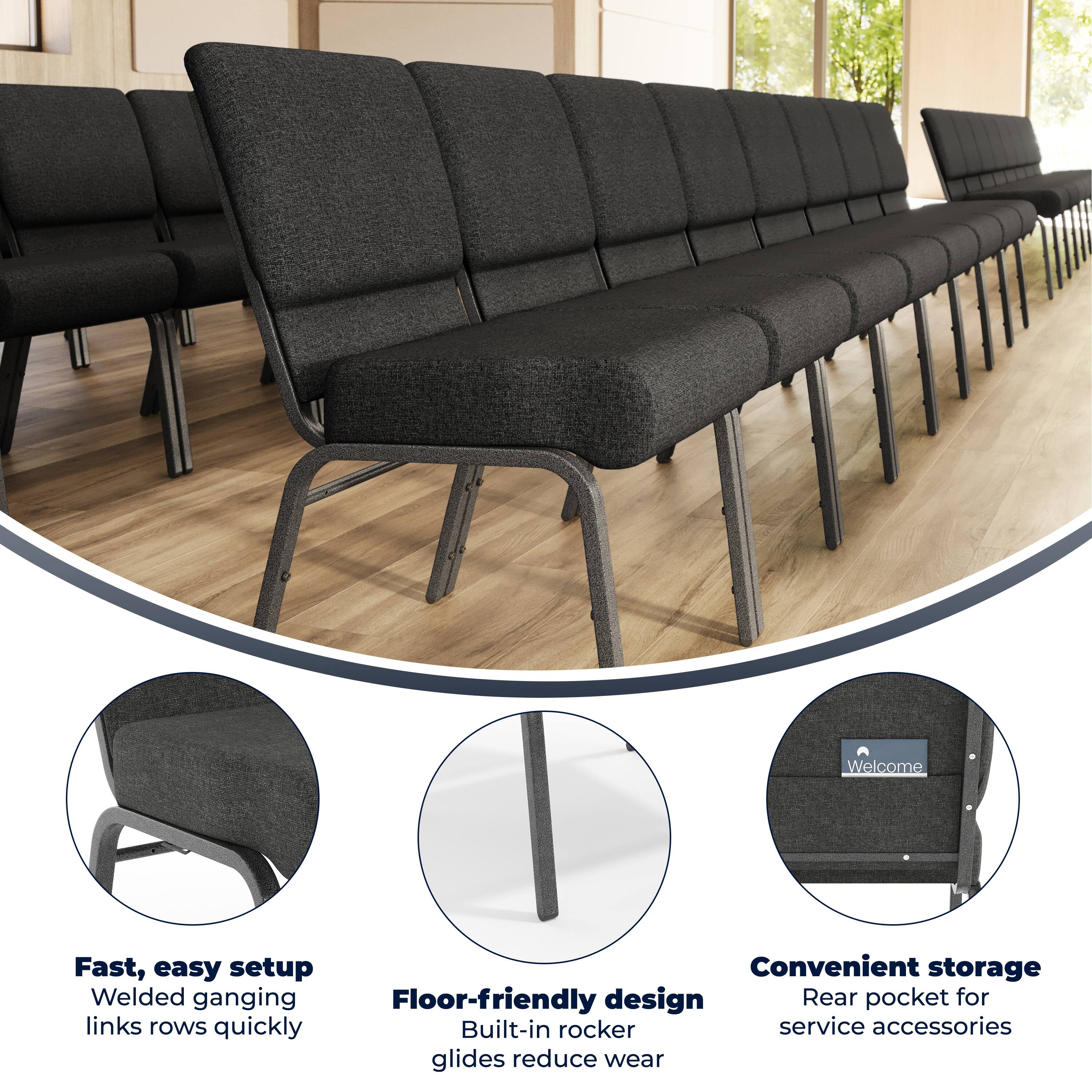 Welcome

Fast, easy setup  
Welded ganging links rows quickly

Convenient storage  
Rear pocket for service accessories

Floor-friendly design  
Built-in rocker glides reduce wear