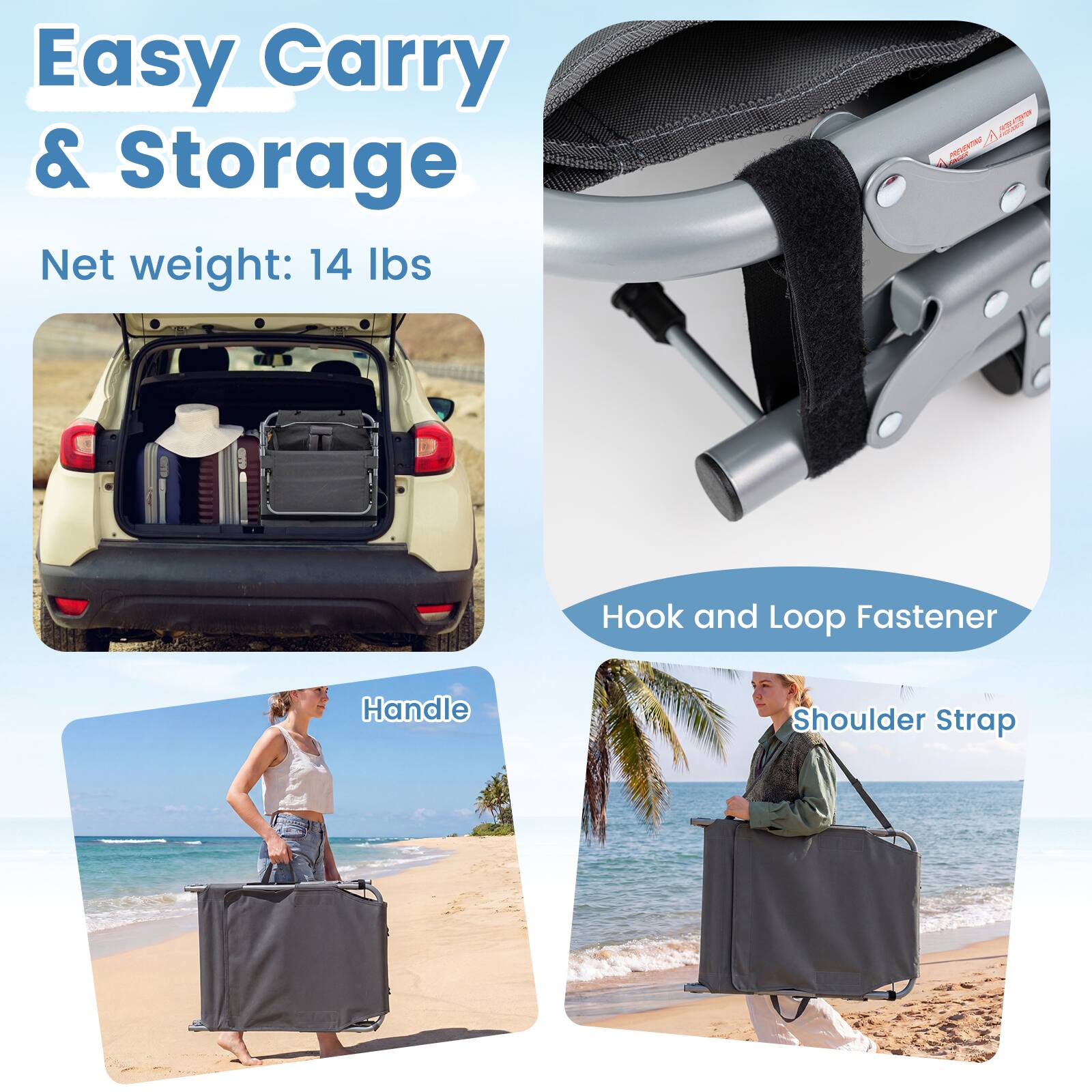 Easy Carry & Storage  
Net weight: 14 lbs  

- Hook and Loop Fastener  
- Handle  
- Shoulder Strap