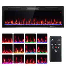 Costway - 50" Linear Electric Fireplace 1500W Recessed Wall-Mounted with Multi-Color Flame - Black