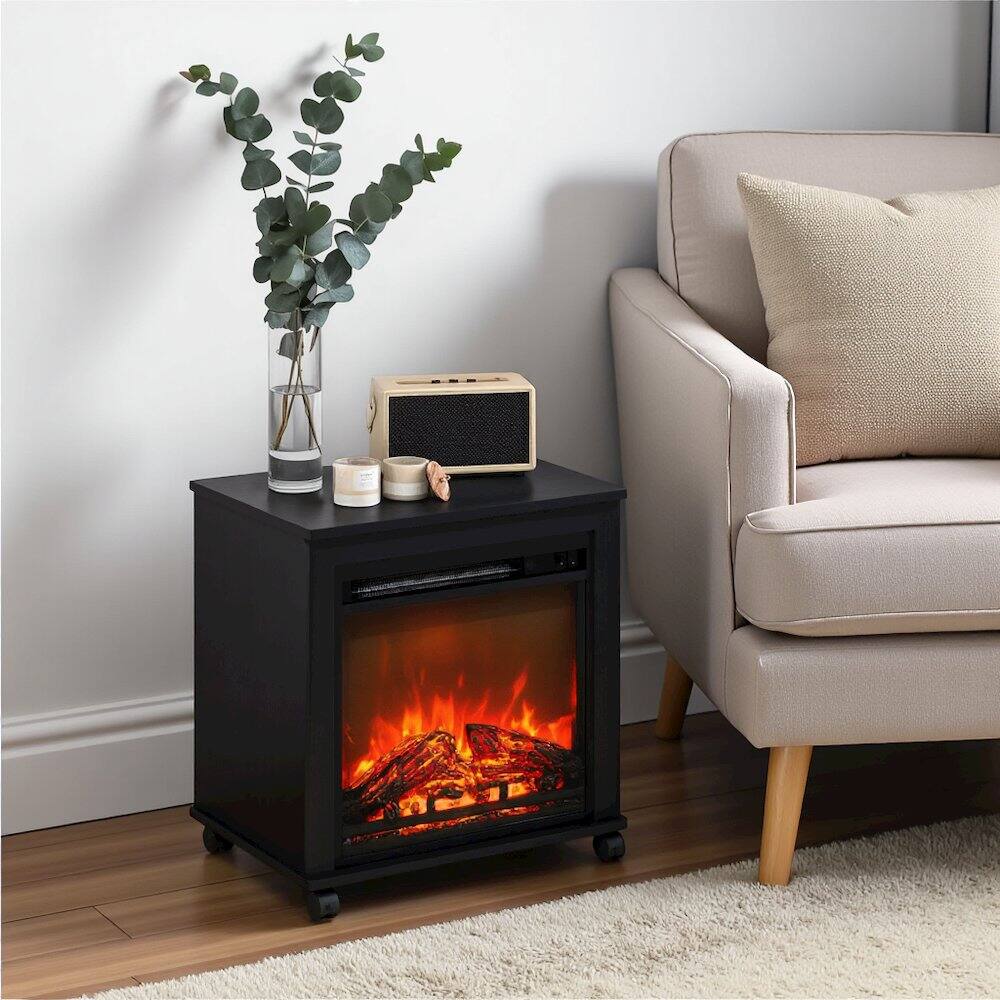 Alt View 5. FurniFact - Black Electric Fireplace End Table with Heater for Indoor Use on Wheels - Americano.