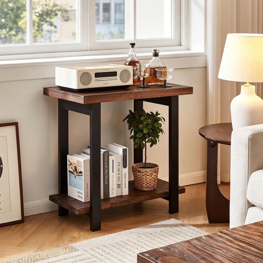 Loheer - Industrial End Table Solid Wood Side Table Distressed Pine Farmhouse Nightstand 2-Tier Sofa Table - Brown price history on PriceWatchPro