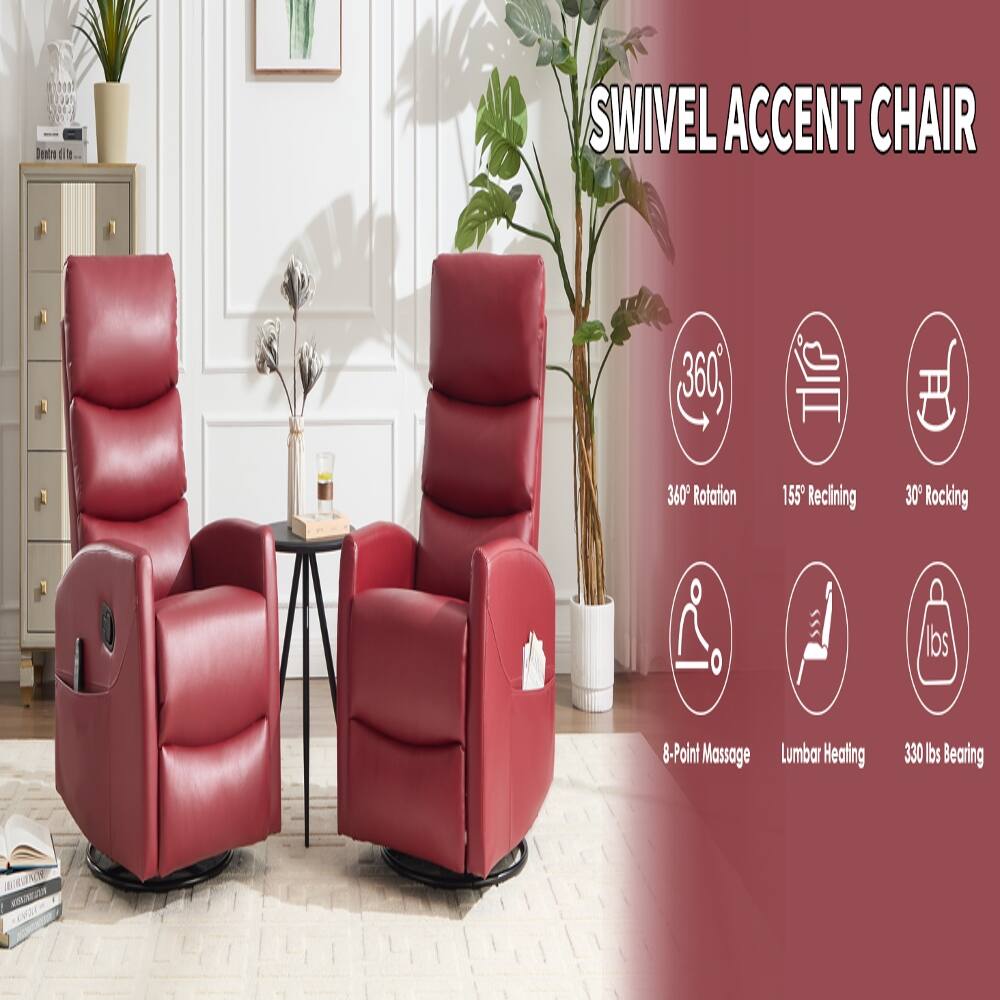 SWIVEL ACCENT CHAIR

- 360° Rotation
- 155° Reclining
- 30° Rocking
- 8-Point Massage
- Lumbar Heating
- 330 lbs Bearing