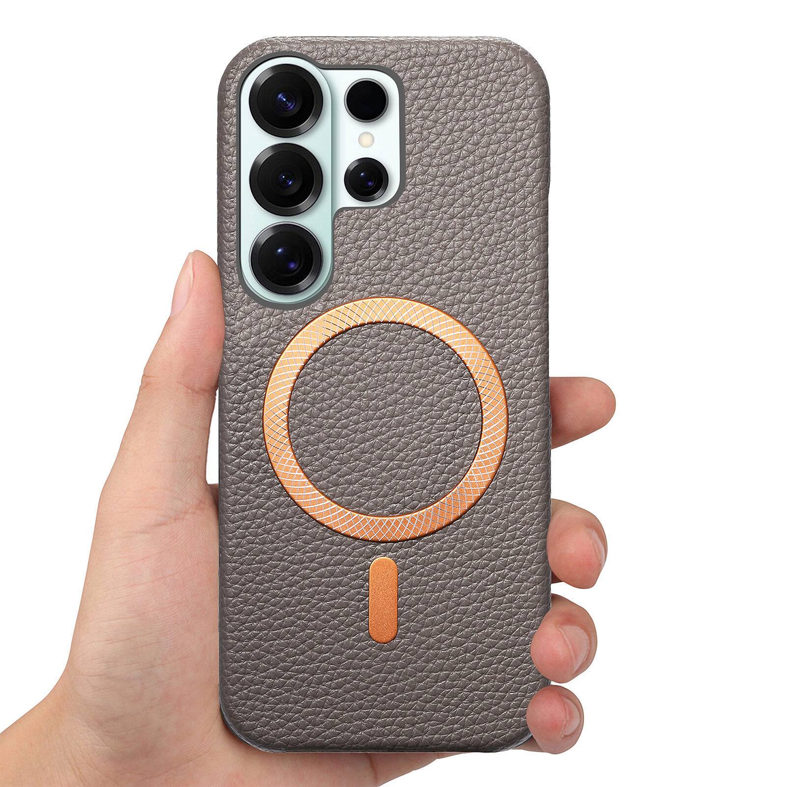 Alt View 3. Dteck - Lychee Texture Case for Samsung Galaxy S26 Ultra, Premium PU Leather Magnetic Shockproof Hard PC Cover with Raised Edges - Gray.