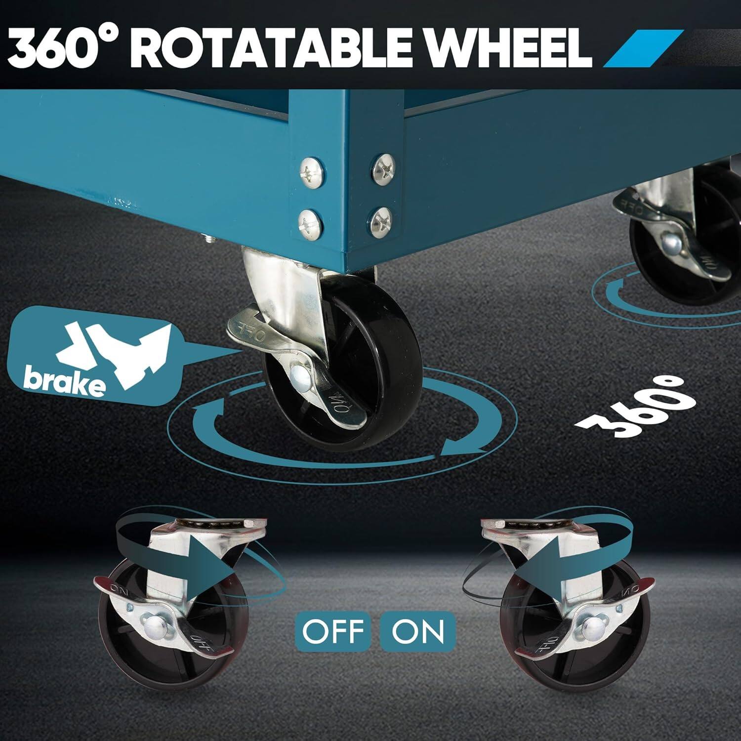 360° ROTATABLE WHEEL, brake, OFF, ON
