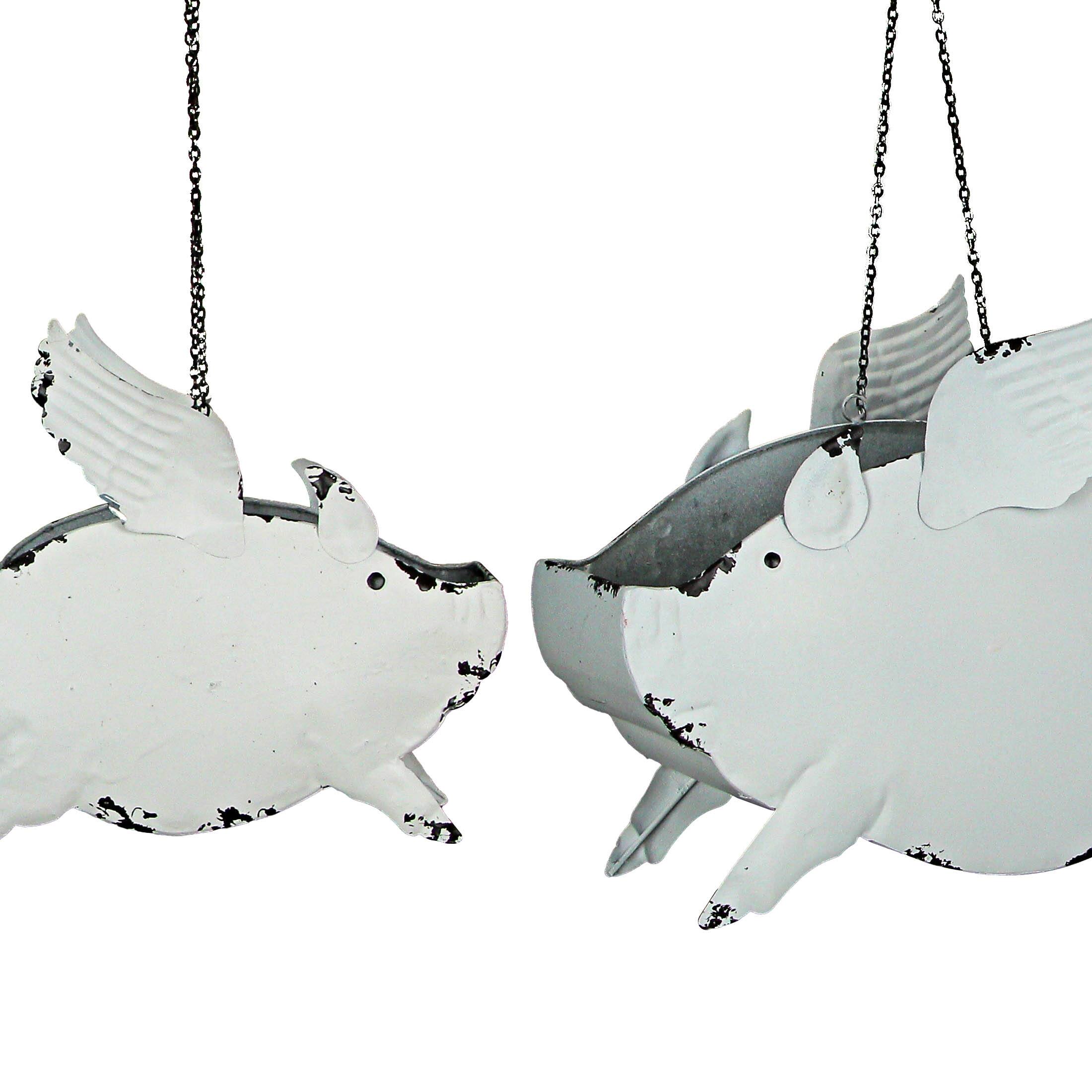 Alt View 1. Zeckos - Metal Distressed White Flying Pig Hanging Planter Set Large & Small Flower Pots - White.