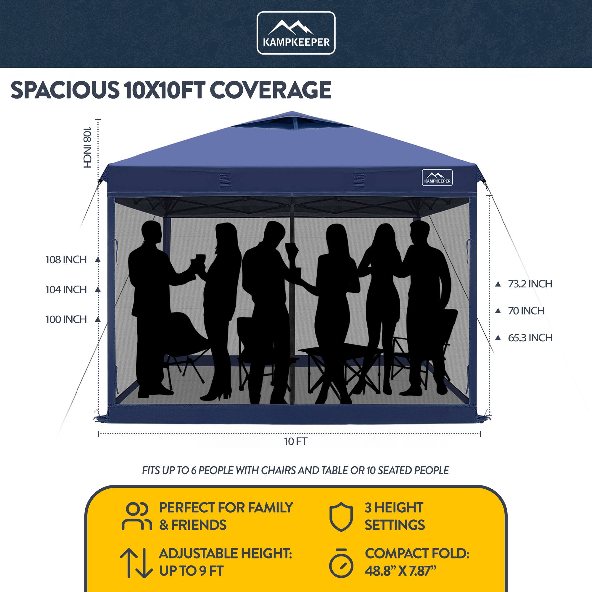KAMPKEEPER SPACIOUS 10X10FT COVERAGE  
108 INCH  
104 INCH  
100 INCH  
73.2 INCH  
70 INCH  
65.3 INCH  
10 FT  
FITS UP TO 6 PEOPLE WITH CHAIRS AND TABLE OR 10 SEATED PEOPLE  
PERFECT FOR FAMILY & FRIENDS  
3 HEIGHT SETTINGS  
ADJUSTABLE HEIGHT: UP TO 9 FT  
COMPACT FOLD: 48.8" X 7.87"